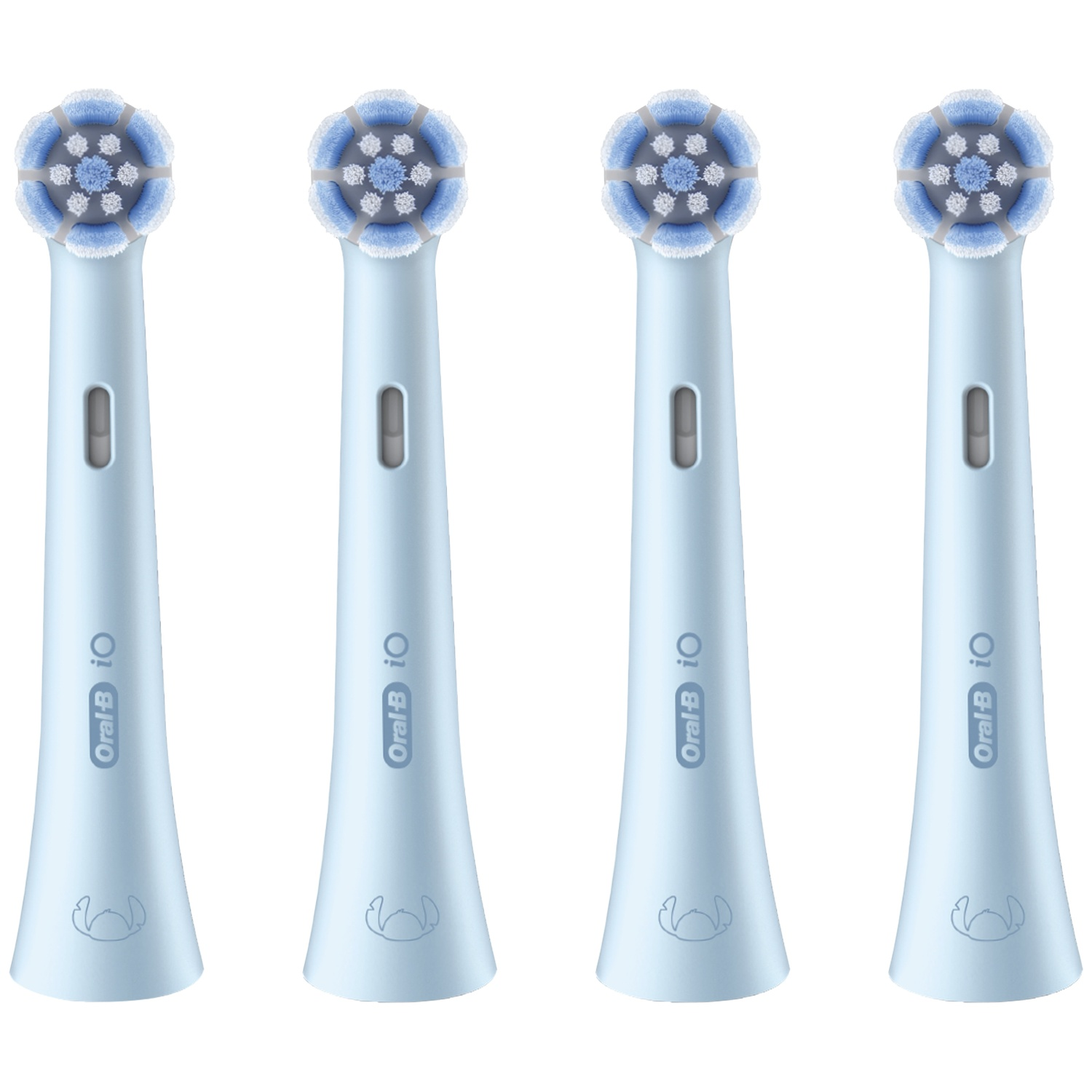 Quatre têtes de brosse à dents bleu clair avec des poils bleus et blancs côte à côte.