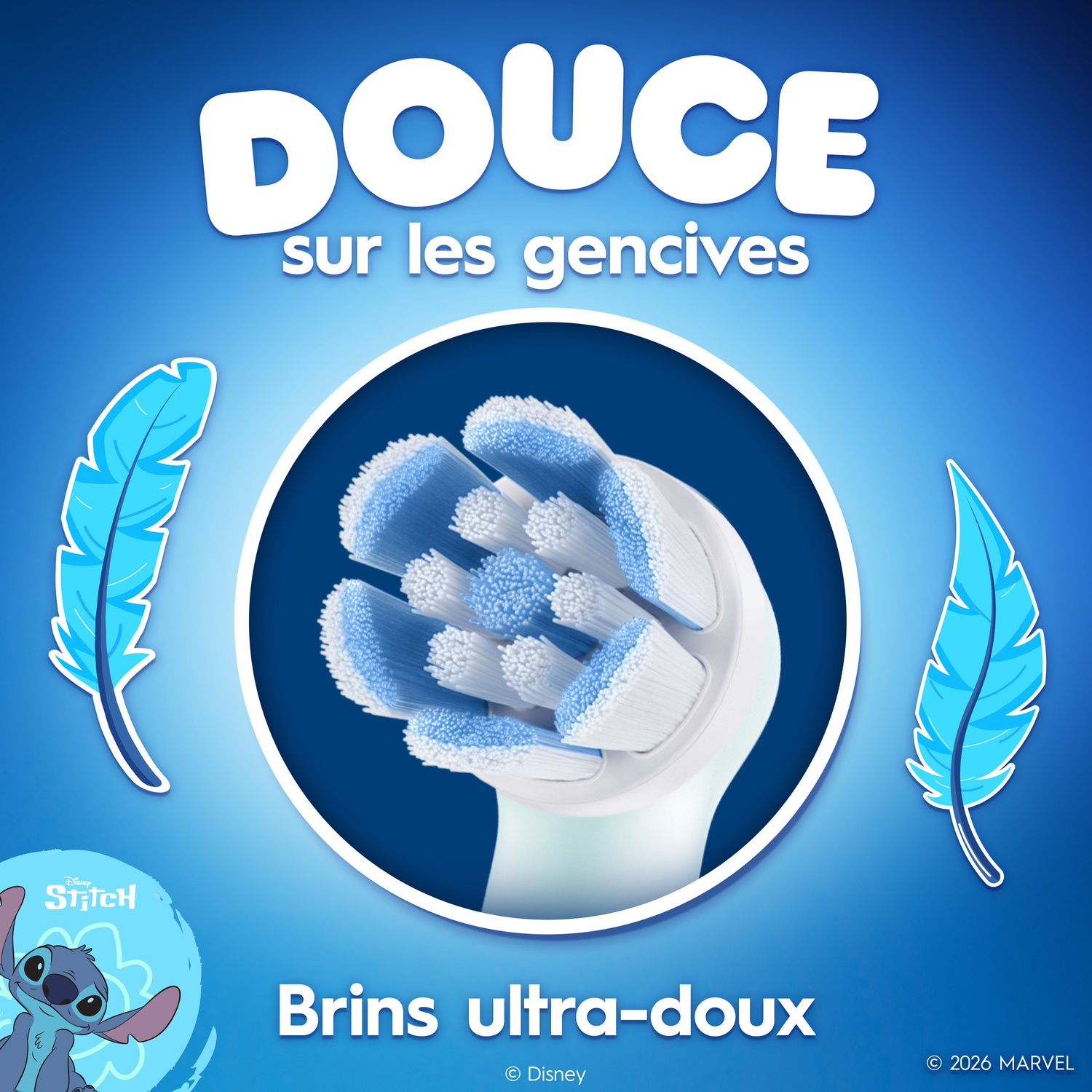 Tête de brosse à dents aux poils bleus, entourée de plumes et de Stitch.