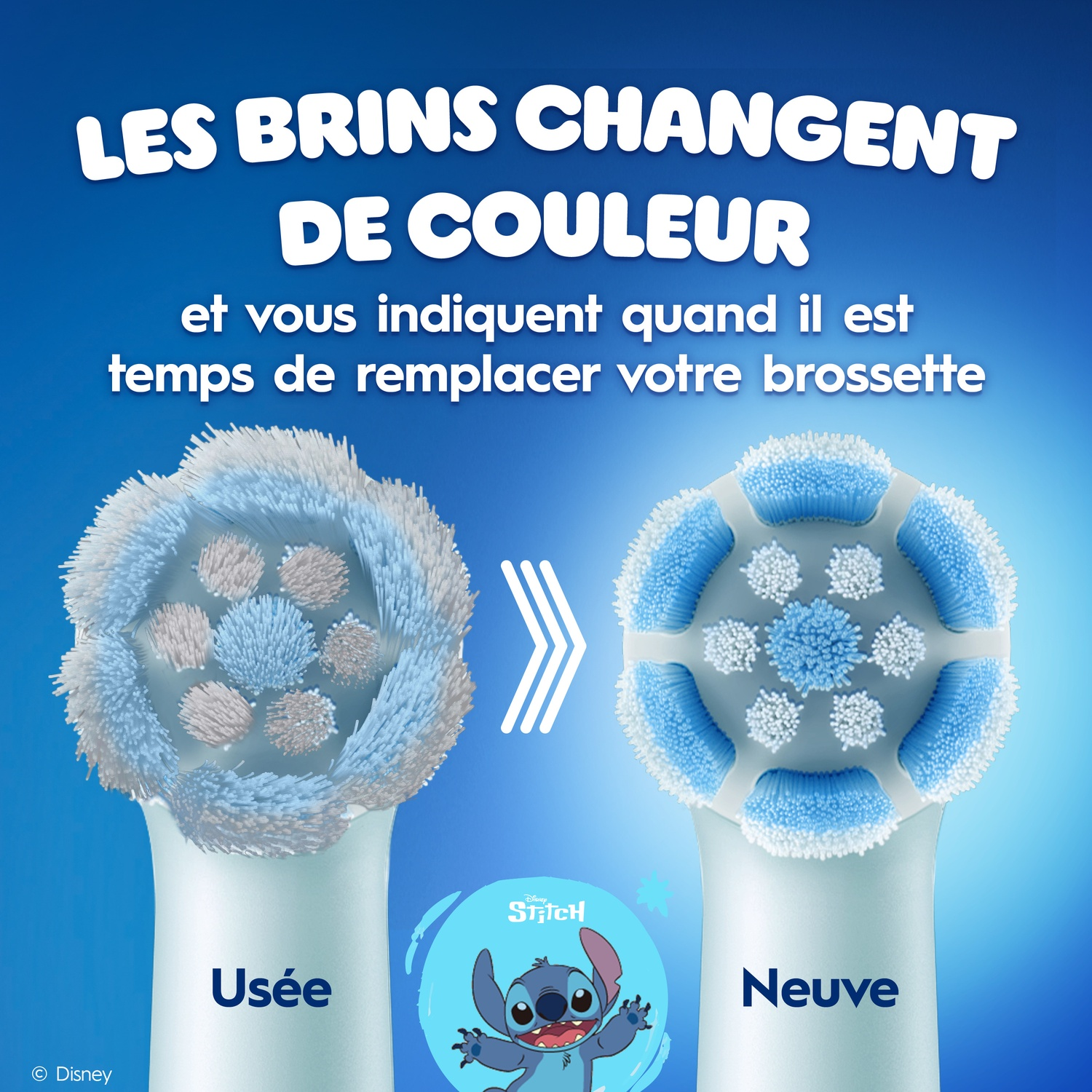 Têtes de brosse à dents usées et neuves montrant un changement de couleur. Stitch est illustré.
