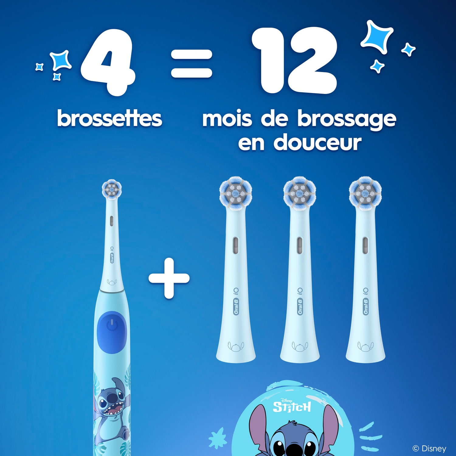 Brosse à dents bleu clair avec motif Stitch et 4 brossettes.