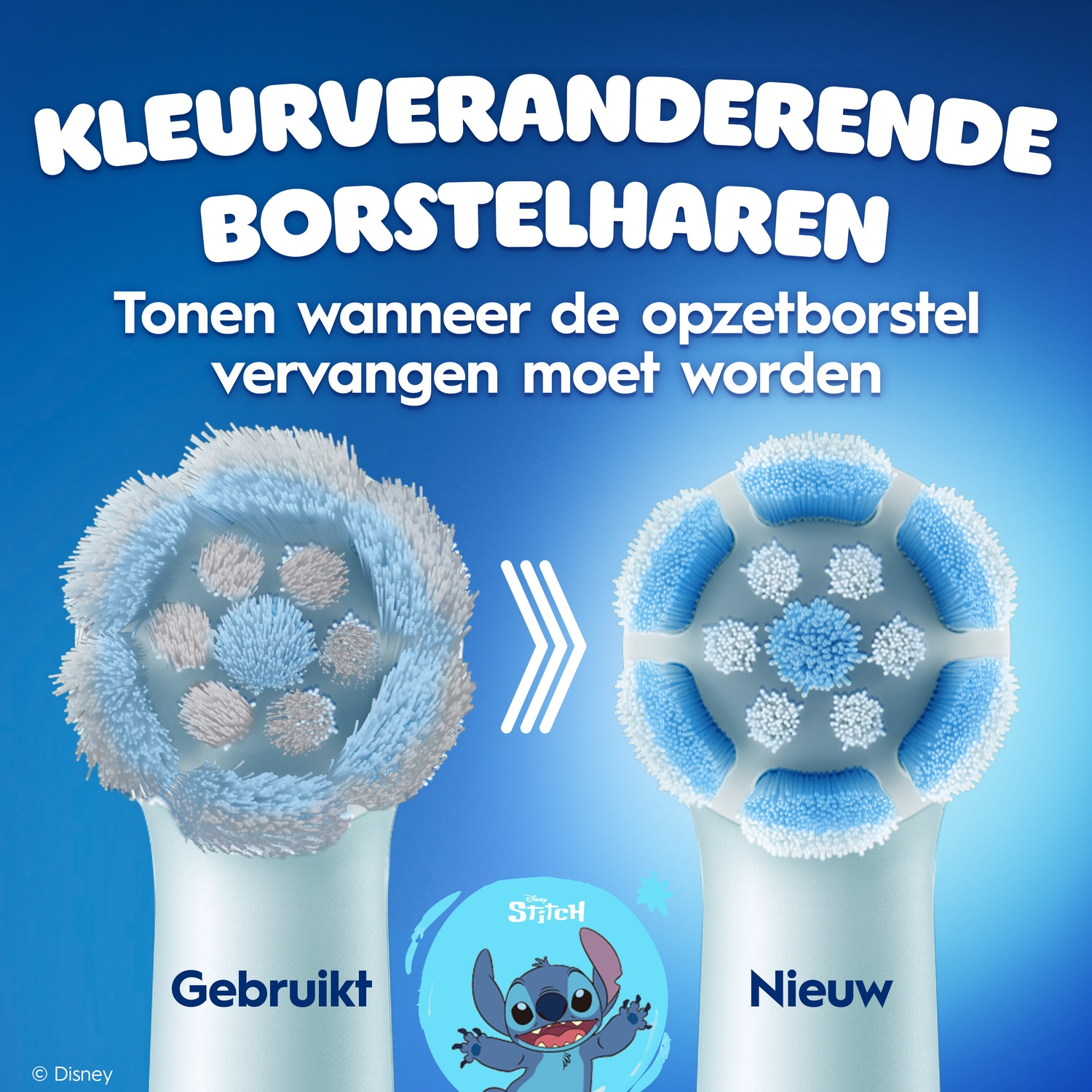 Deux têtes de brosse à dents : une usagée et une neuve, avec un graphique de Stitch.