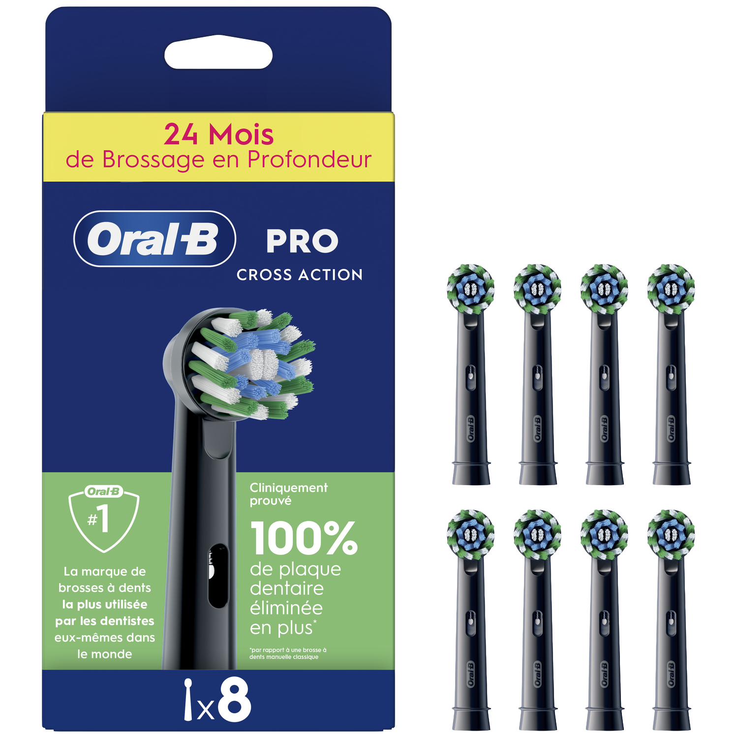 Pack de 8 brossettes Oral-B Pro Cross Action, une brossette vue de face.