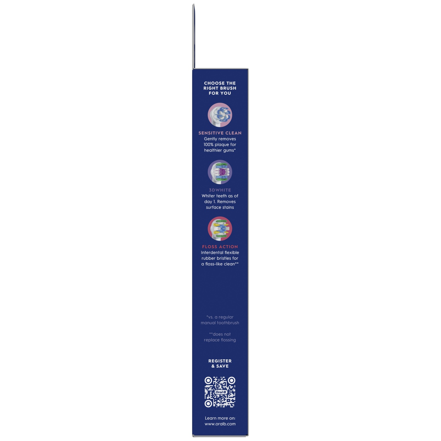 Emballage avec options de brosse : Sensitive, 3D White, Floss Action. Code QR.