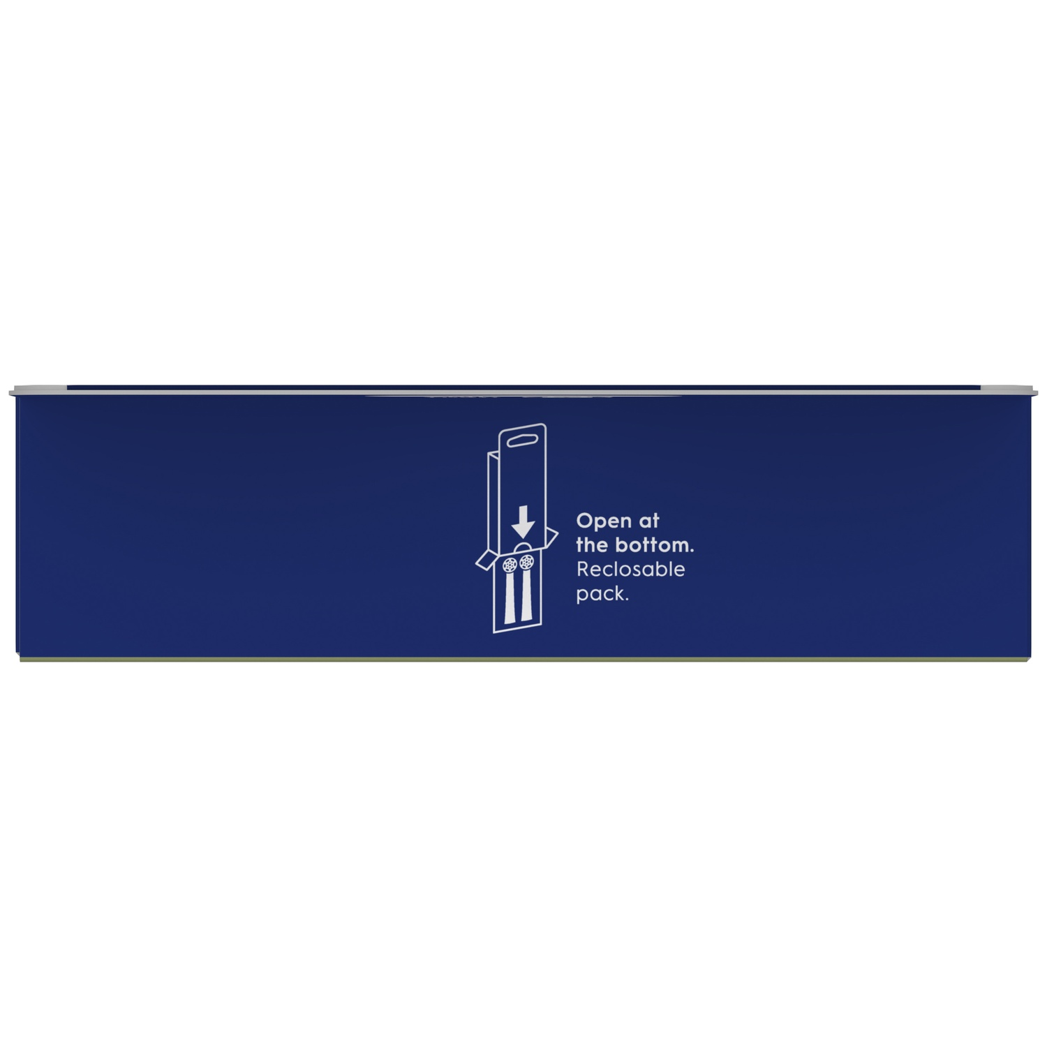 Emballage bleu foncé avec instructions d'ouverture blanches.