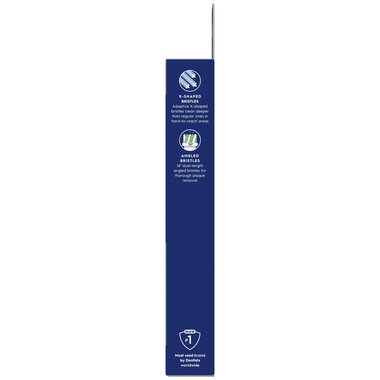 Emballage de brosse à dents mettant en avant les poils en X, l'angle de 16°, et Oral-B #1.
