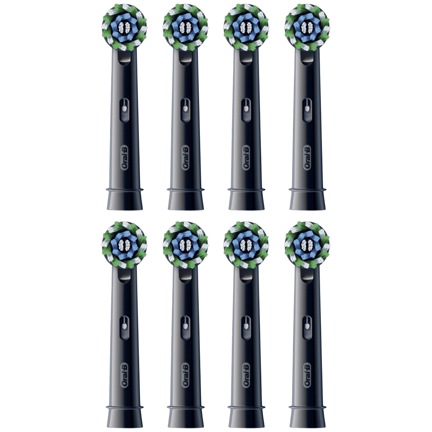 Huit têtes de brosse à dents Oral-B noires avec des poils bleus, verts et blancs disposés en cercle.