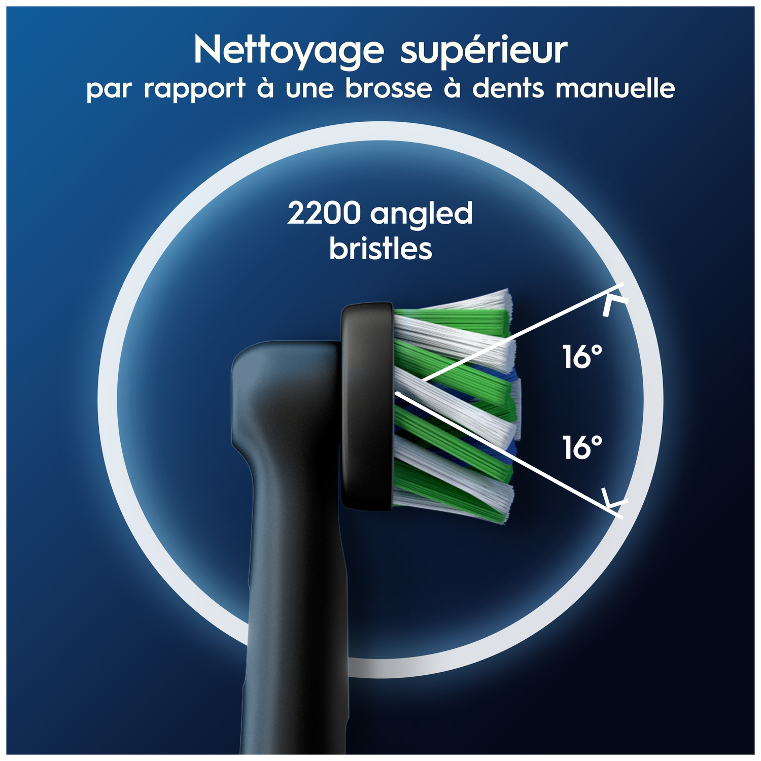 Tête de brosse à dents électrique avec 2200 poils inclinés à 16°.
