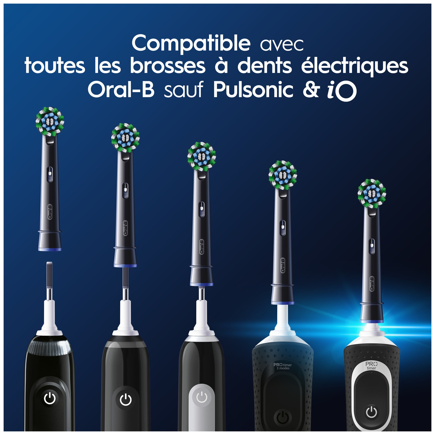 Cinq têtes et manches de brosse à dents électrique Oral-B sur fond bleu foncé.