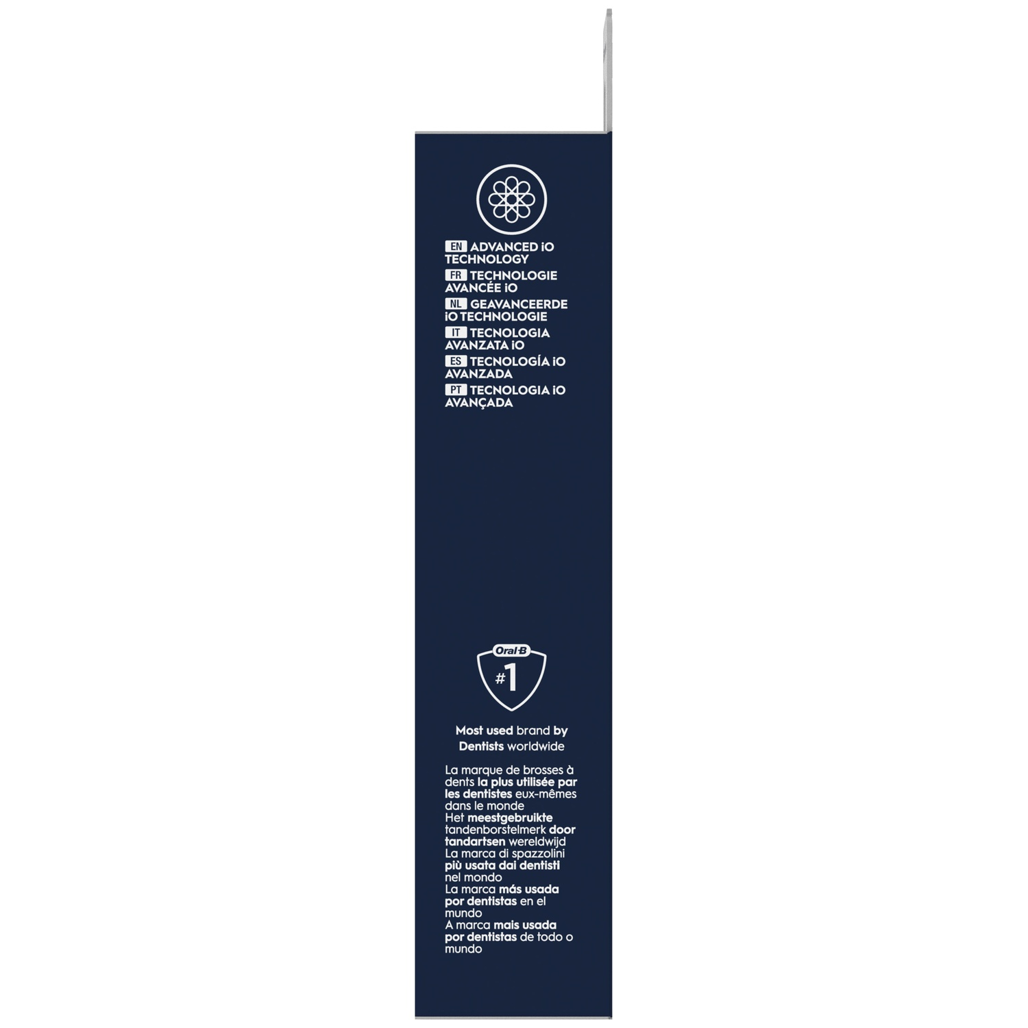 Emballage Oral-B avec texte multilingue « Technologie iO Avancée » et marque n°1.