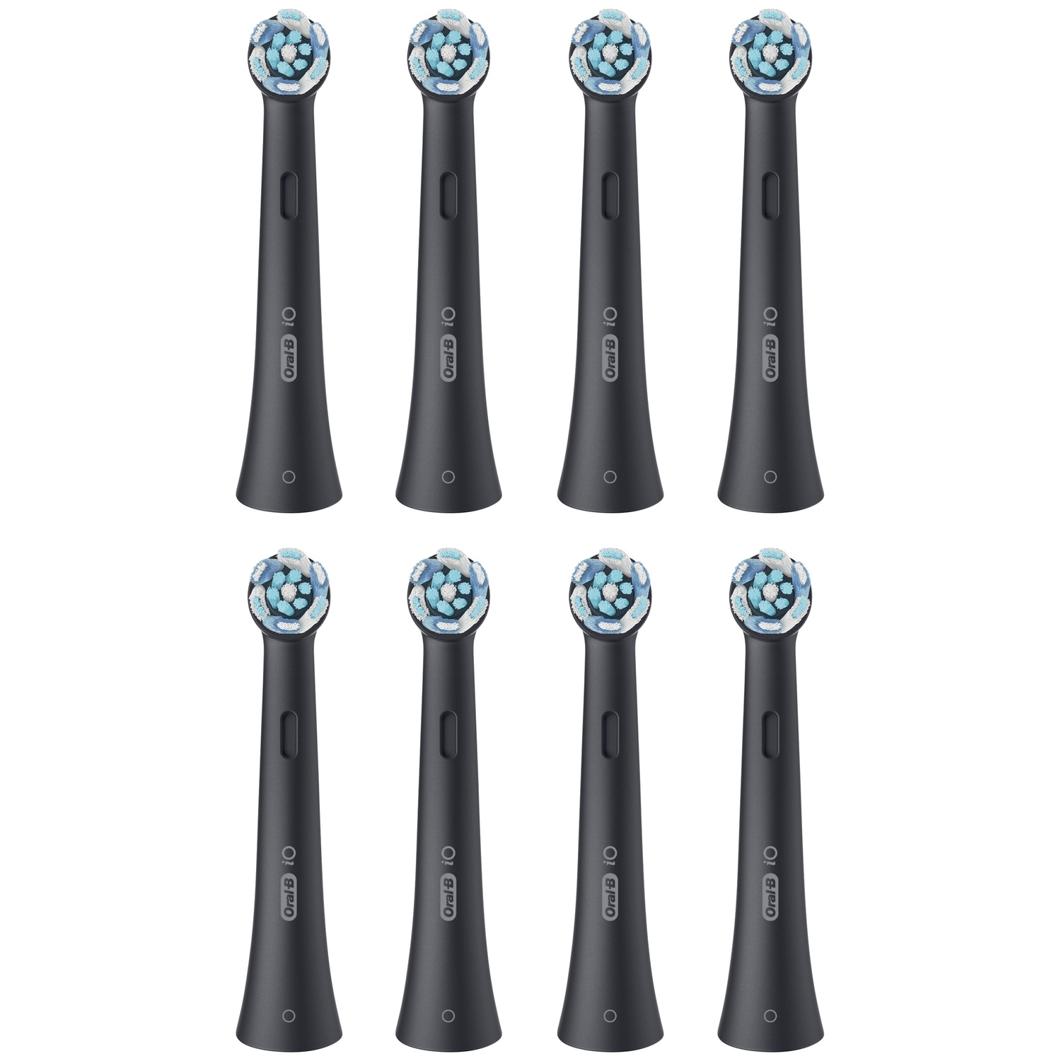 Huit têtes de brosse à dents sombres avec des poils bleus et blancs sont disposées côte à côte.