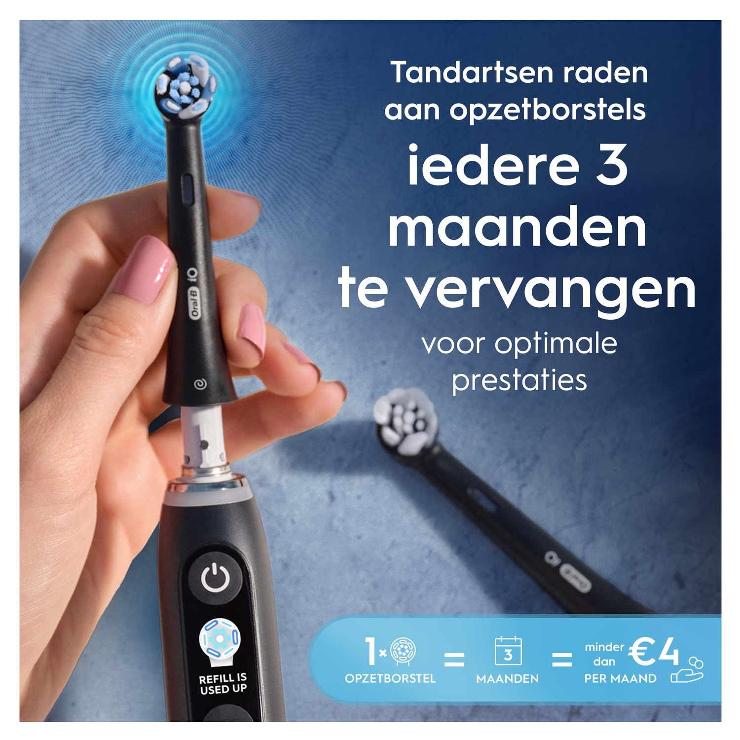 Brosse à dents électrique avec brossette à remplacer tous les 3 mois pour des performances optimales.