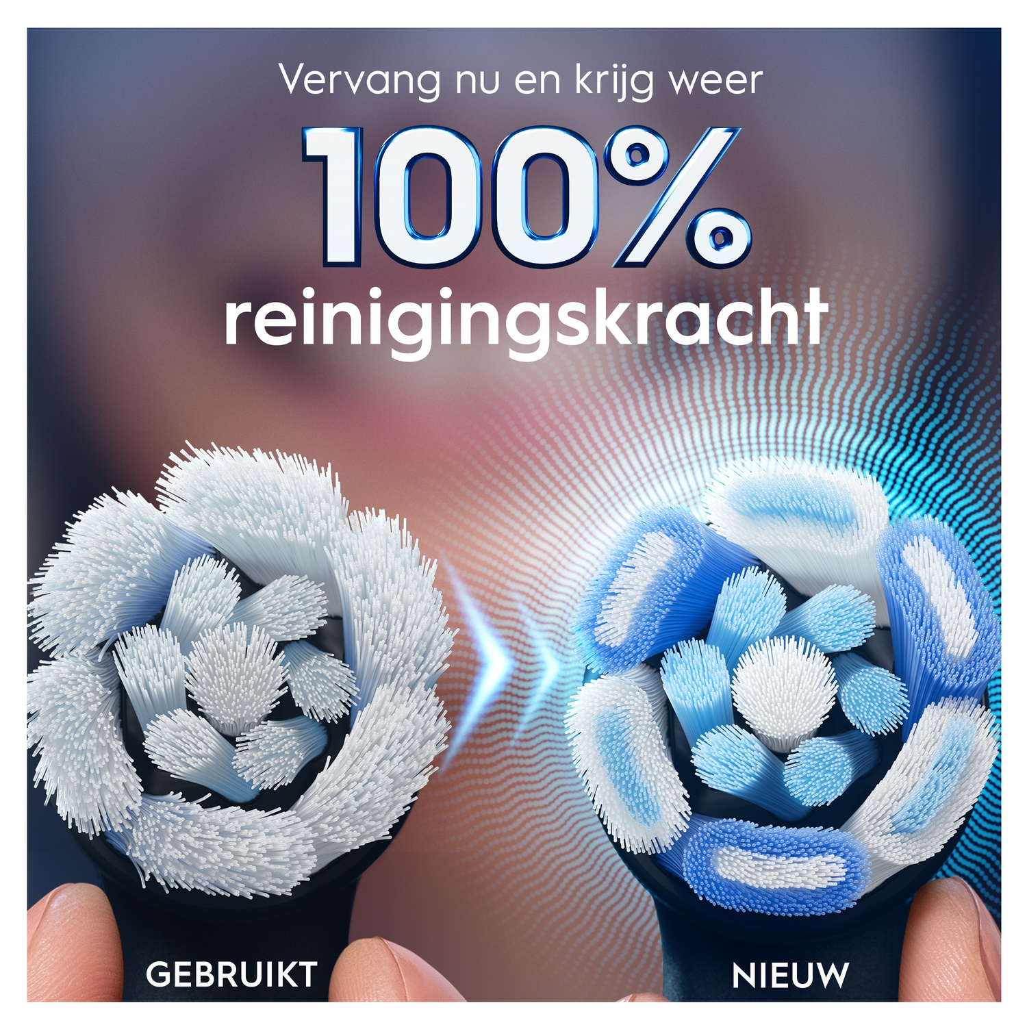 Têtes de brosse à dents neuves et usagées comparées. 100% de puissance nettoyante.