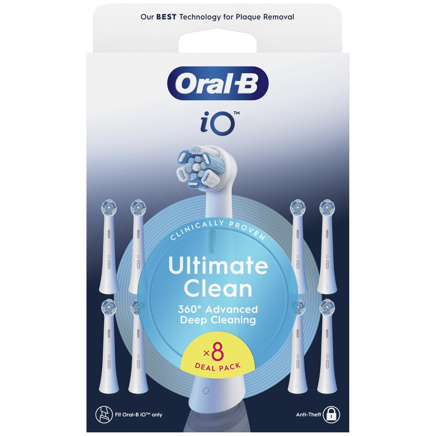 Têtes de brosse à dents Oral-B iO Ultimate Clean lot de 8 dans un emballage bleu et blanc.