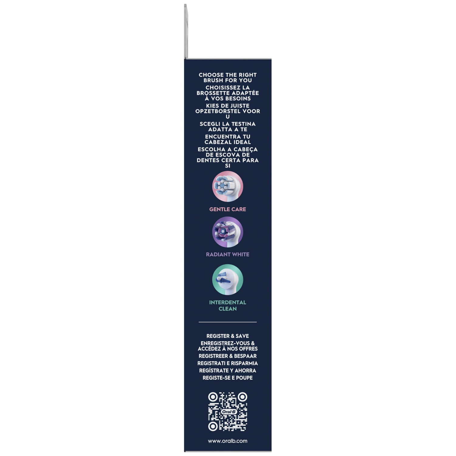 Emballage avec texte et images de têtes de brosse Oral-B: Gentle Care, Radiant White, Interdental Clean.
