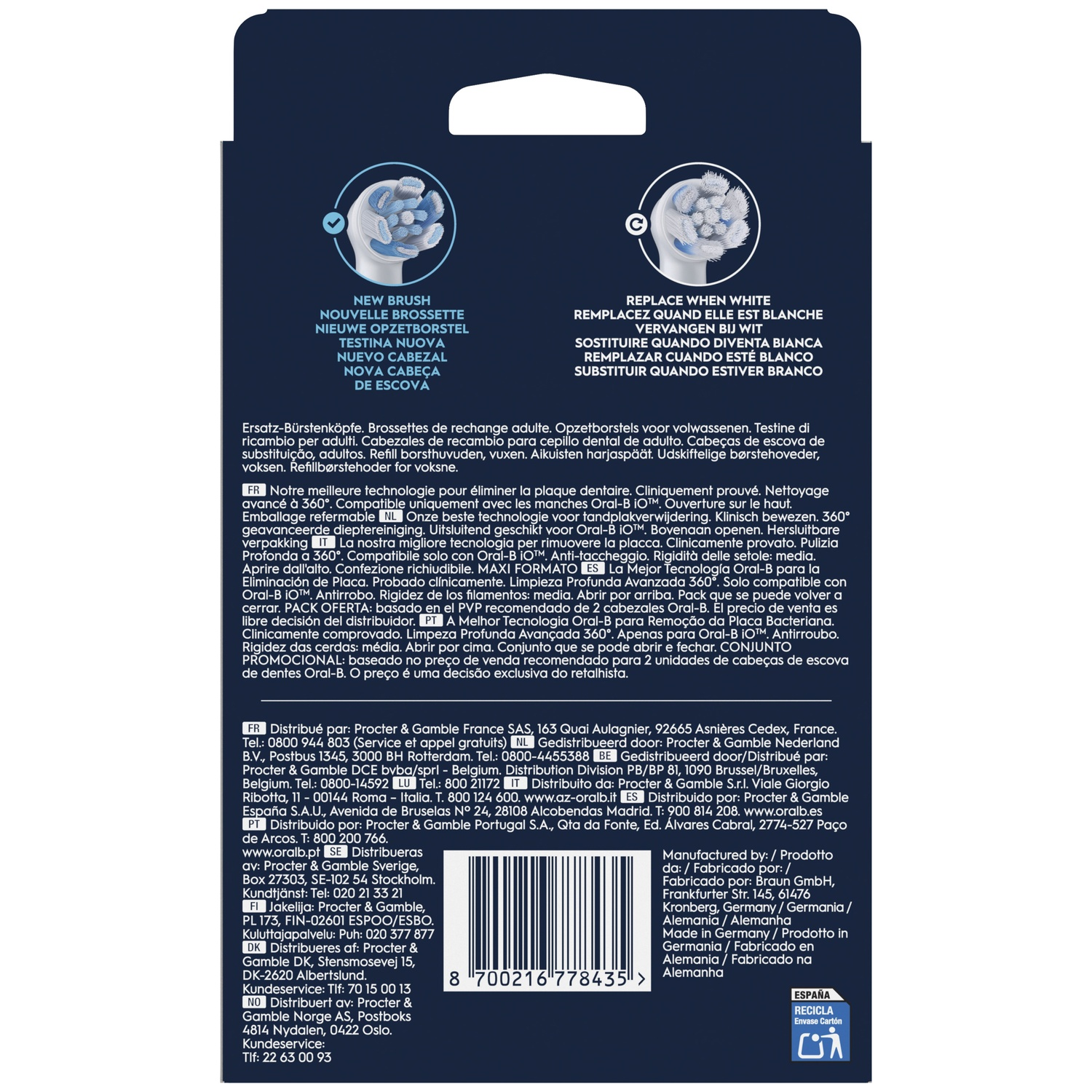 Deux brossettes Oral-B iO, une neuve et une blanche pour remplacement.