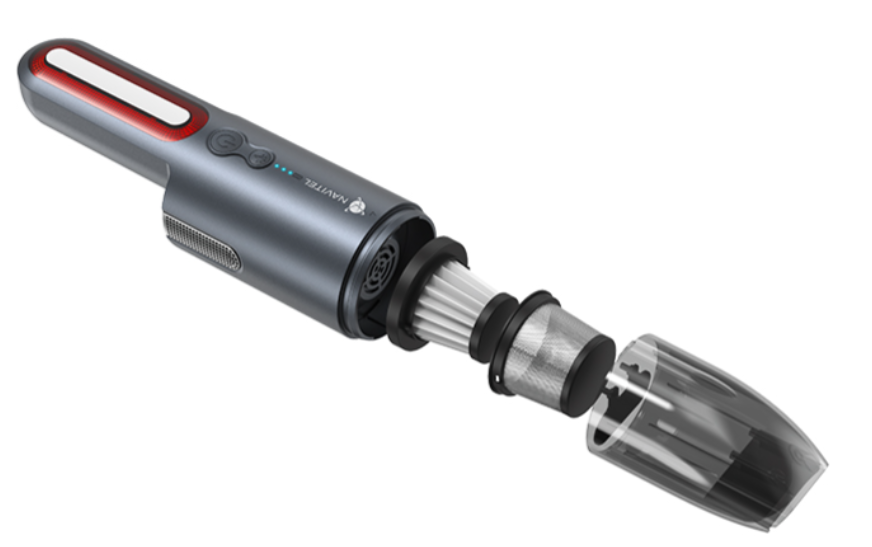 Szary odkurzacz ręczny z odłączonym filtrem i pojemnikiem.