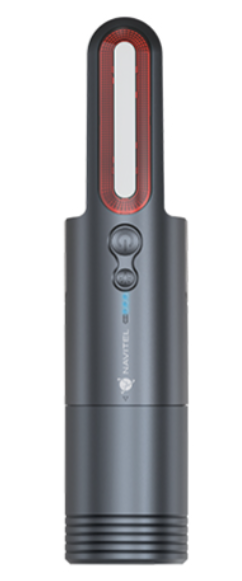 Ciemny, cylindryczny przedmiot z owalnym białym światłem i czerwonymi akcentami.