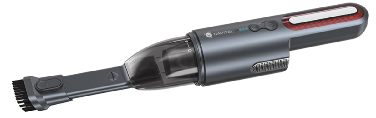 Ciemnoszary odkurzacz ręczny ze szczotką i przezroczystym pojemnikiem.