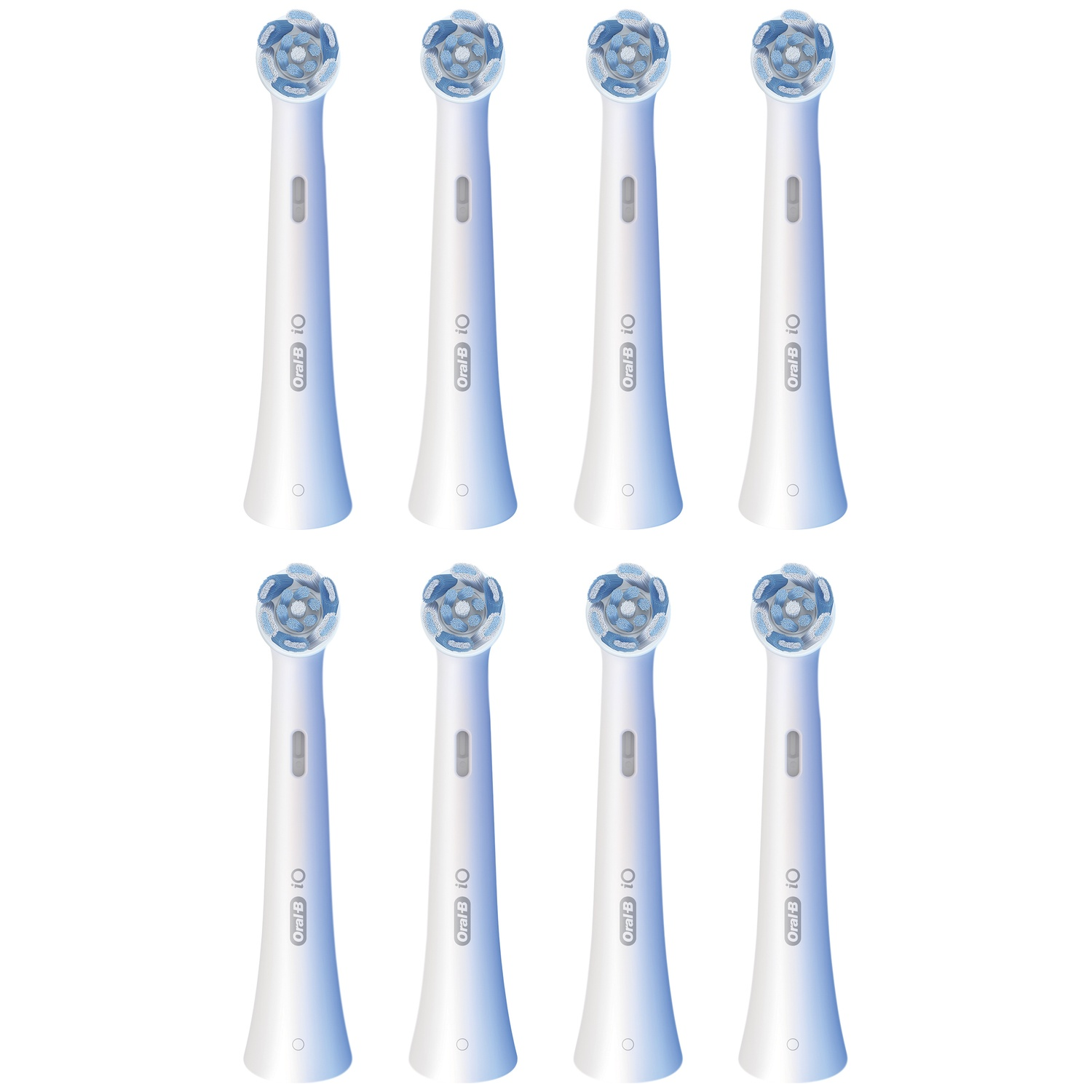 Huit têtes de brosse à dents blanches avec des poils bleus sont disposées côte à côte.