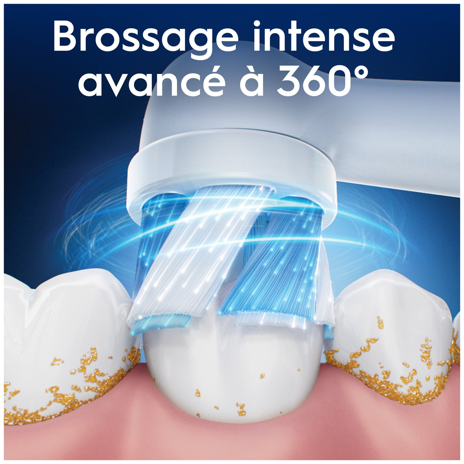 Brosse à dents électrique avec poils bleus nettoie dents blanches avec taches jaunes.
