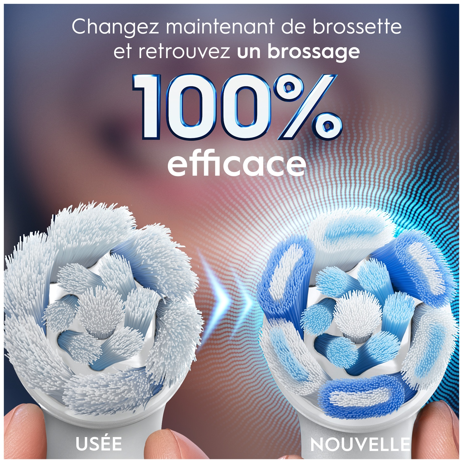 Comparaison de têtes de brosse usagées et neuves. 100% efficace.