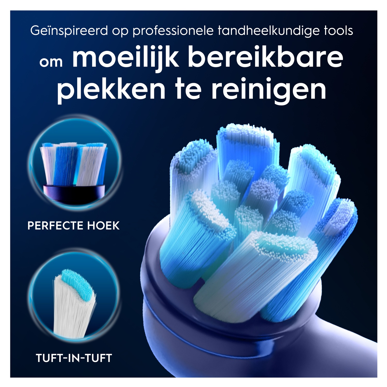 Tête de brosse à dents électrique avec poils bleus et blancs, inspirée des outils dentaires.