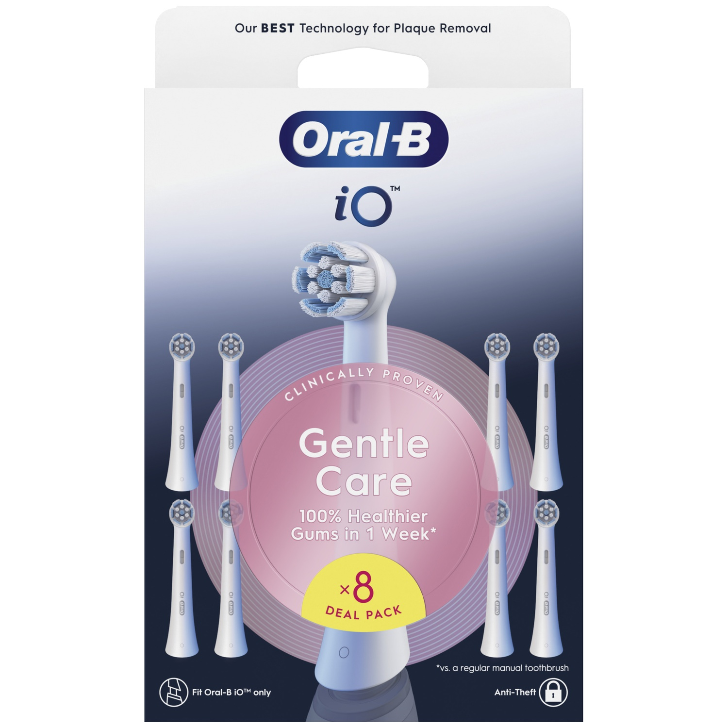 Emballage avec une tête de brosse à dents électrique et 8 têtes de rechange.