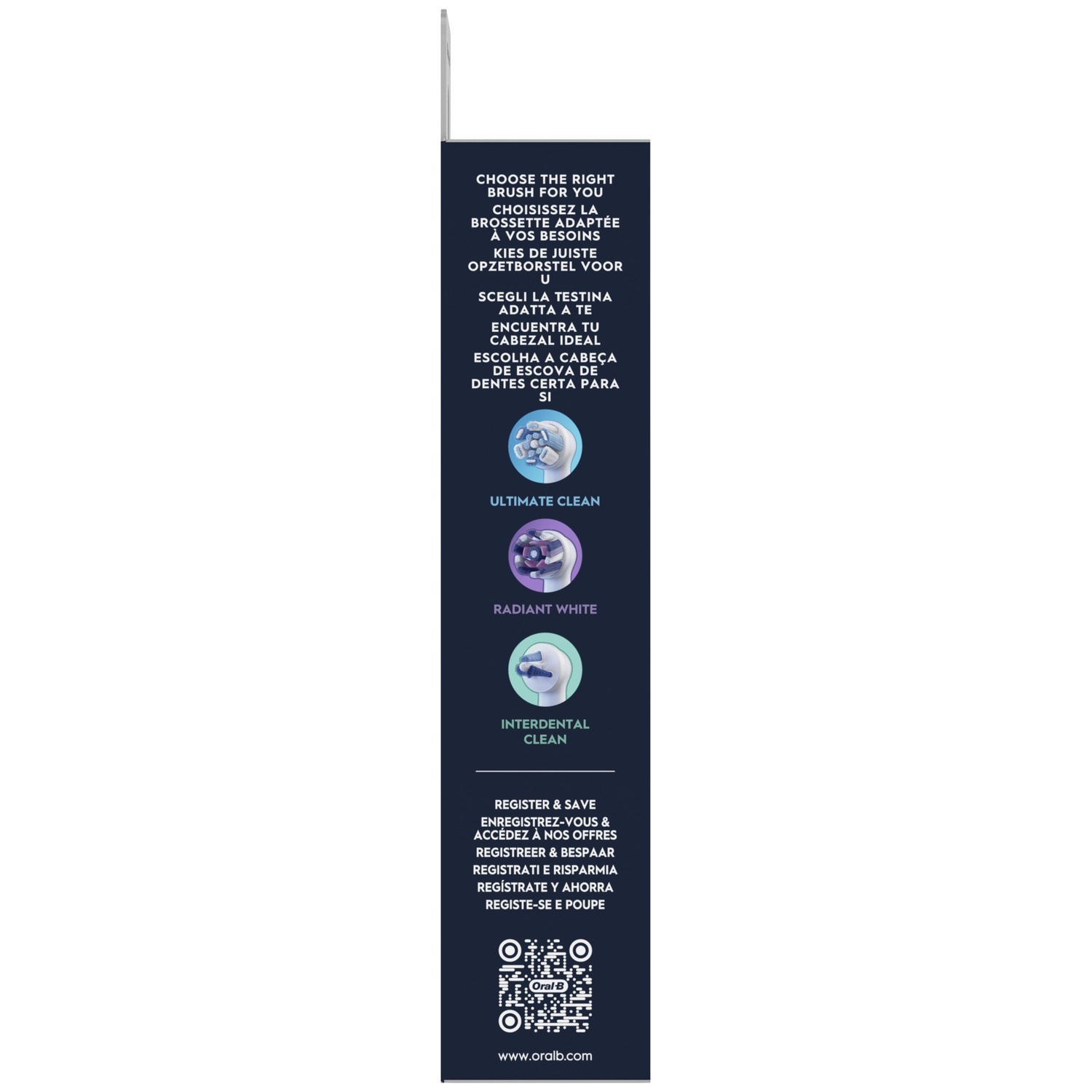 Emballage produit avec texte sur têtes de brosse: Ultimate Clean, Radiant White, Interdental.