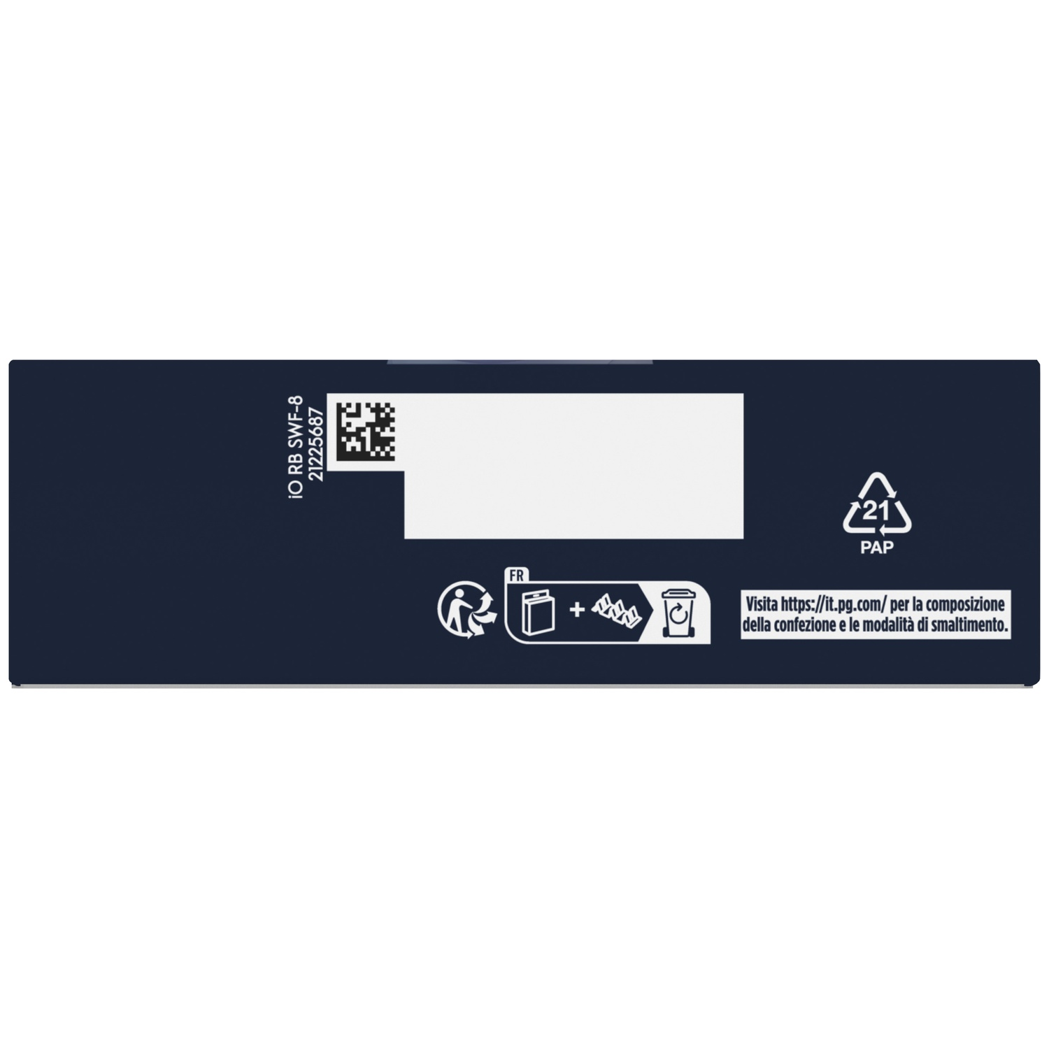Emballage bleu foncé avec code QR, symboles de recyclage et lien web.