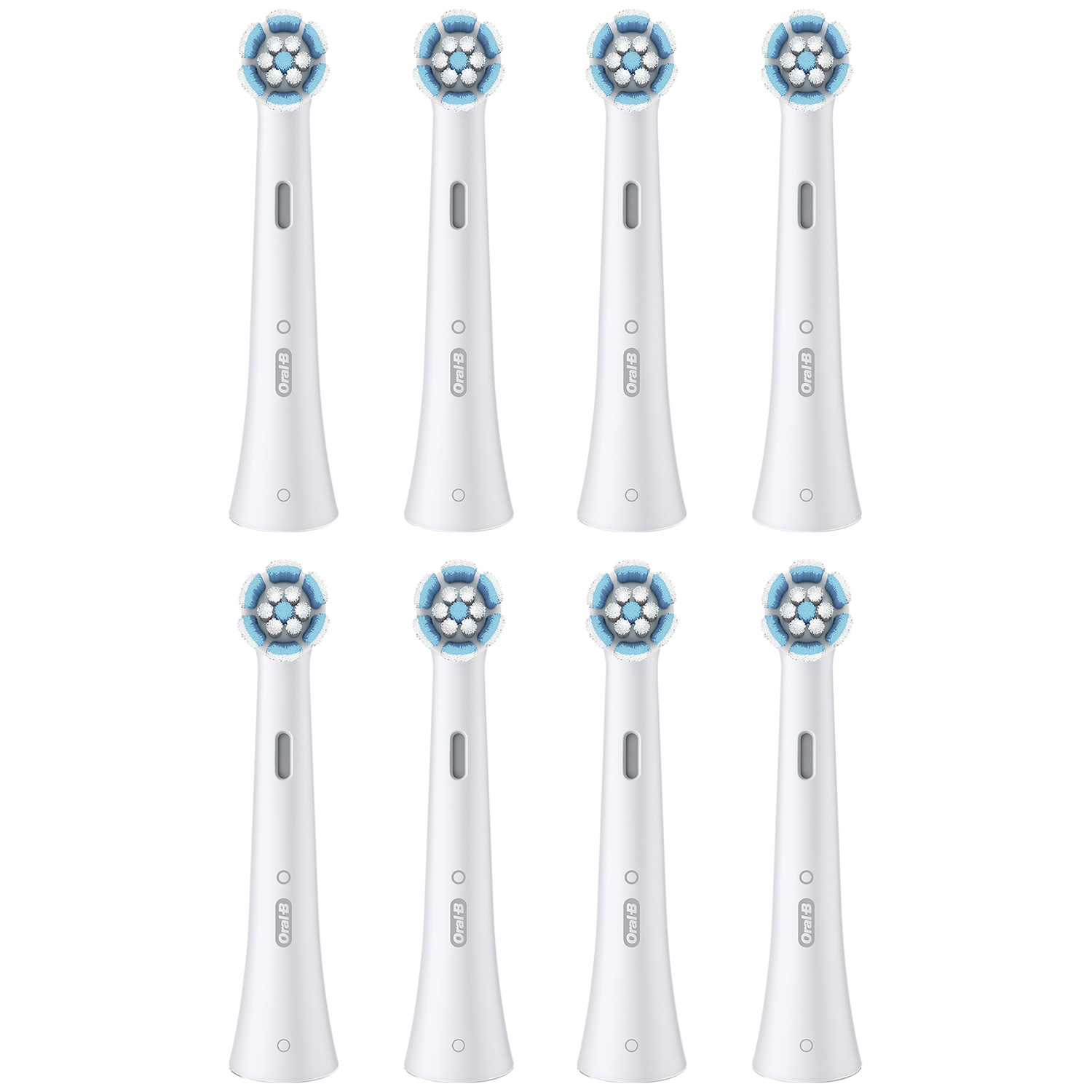 Huit têtes de brosse à dents blanches avec des poils bleus.