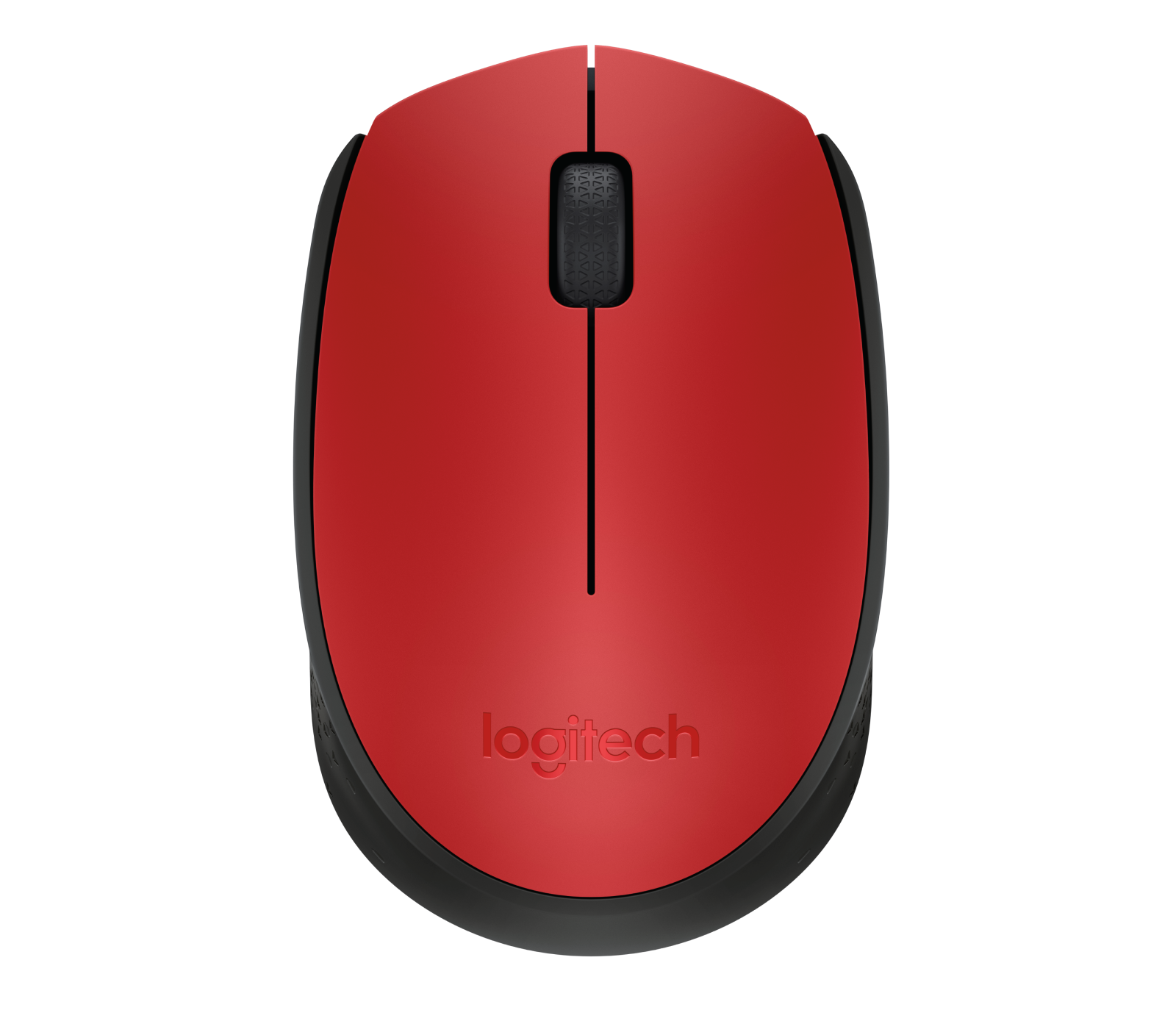 Mouse Logitech rosso con rotellina nera e finiture nere.