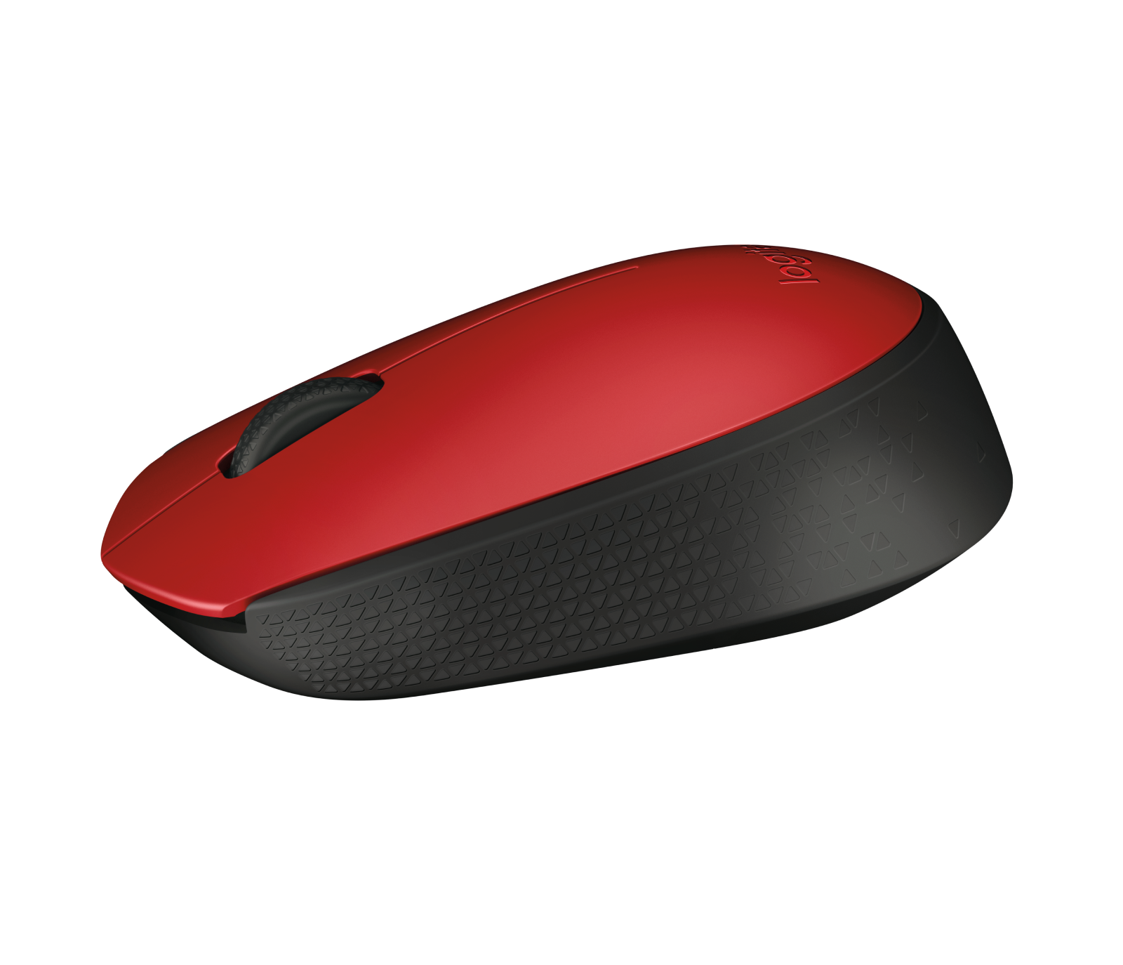 Un mouse Logitech rosso con rotellina nera su sfondo nero.