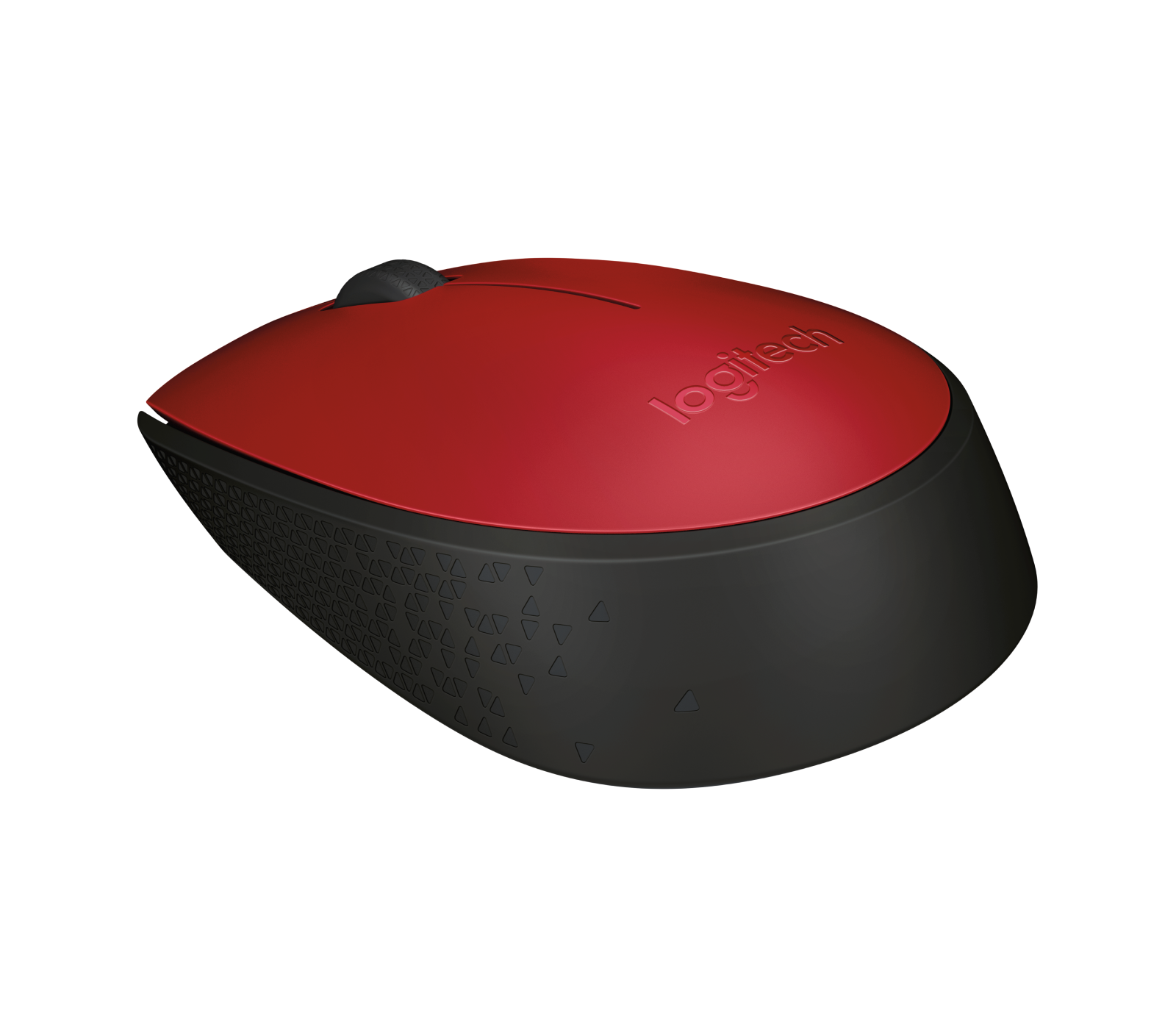 Un mouse Logitech rosso con base nera e rotella di scorrimento.