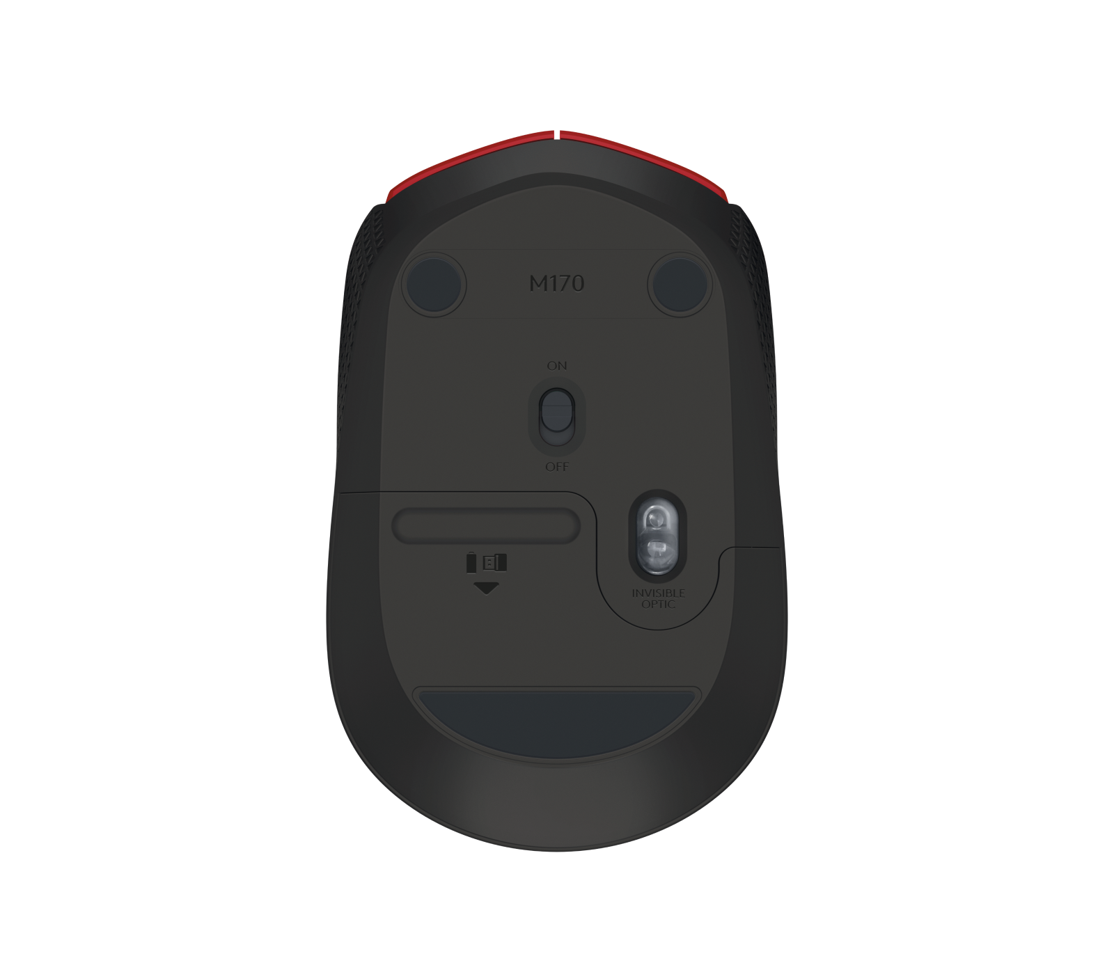 Parte inferiore di un mouse nero con bordo rosso, logo M170, interruttore ON/OFF.