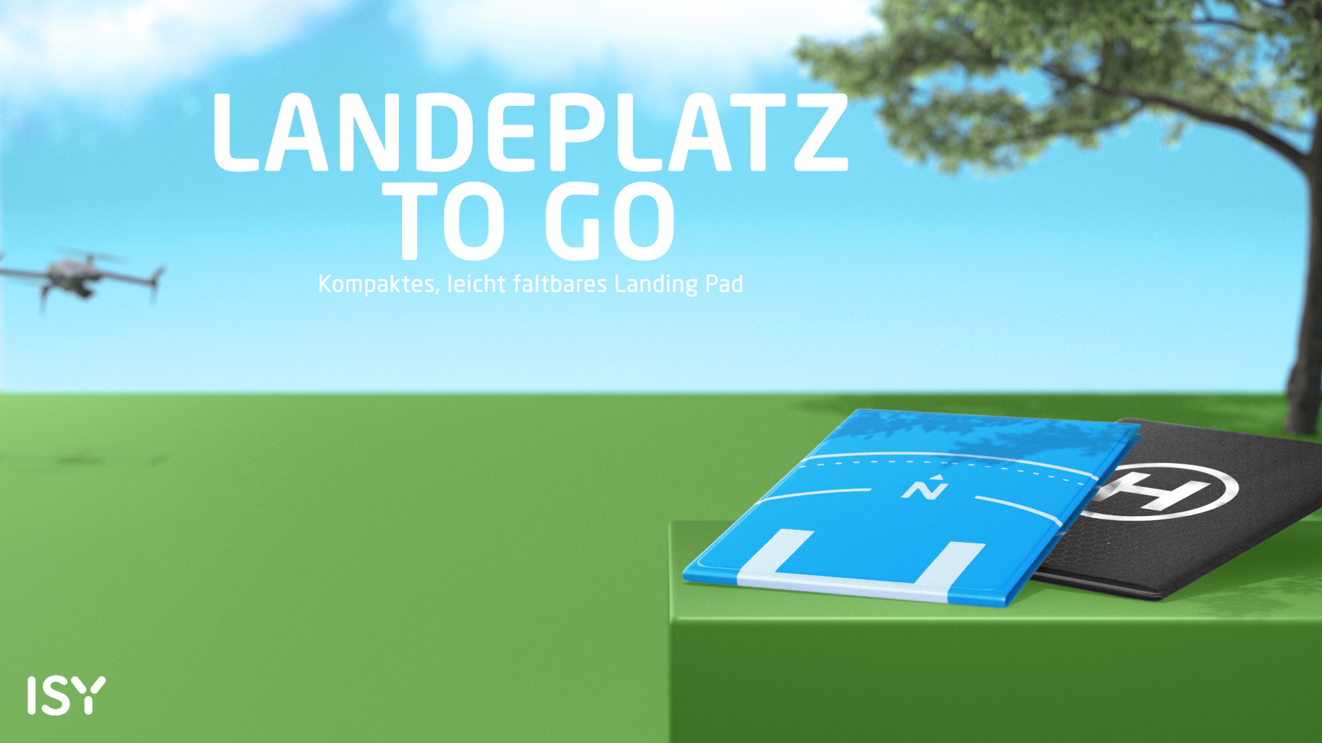 Zwei Drohnen-Landeplätze, blau und schwarz, auf grünem Grund mit einer Drohne im Hintergrund.