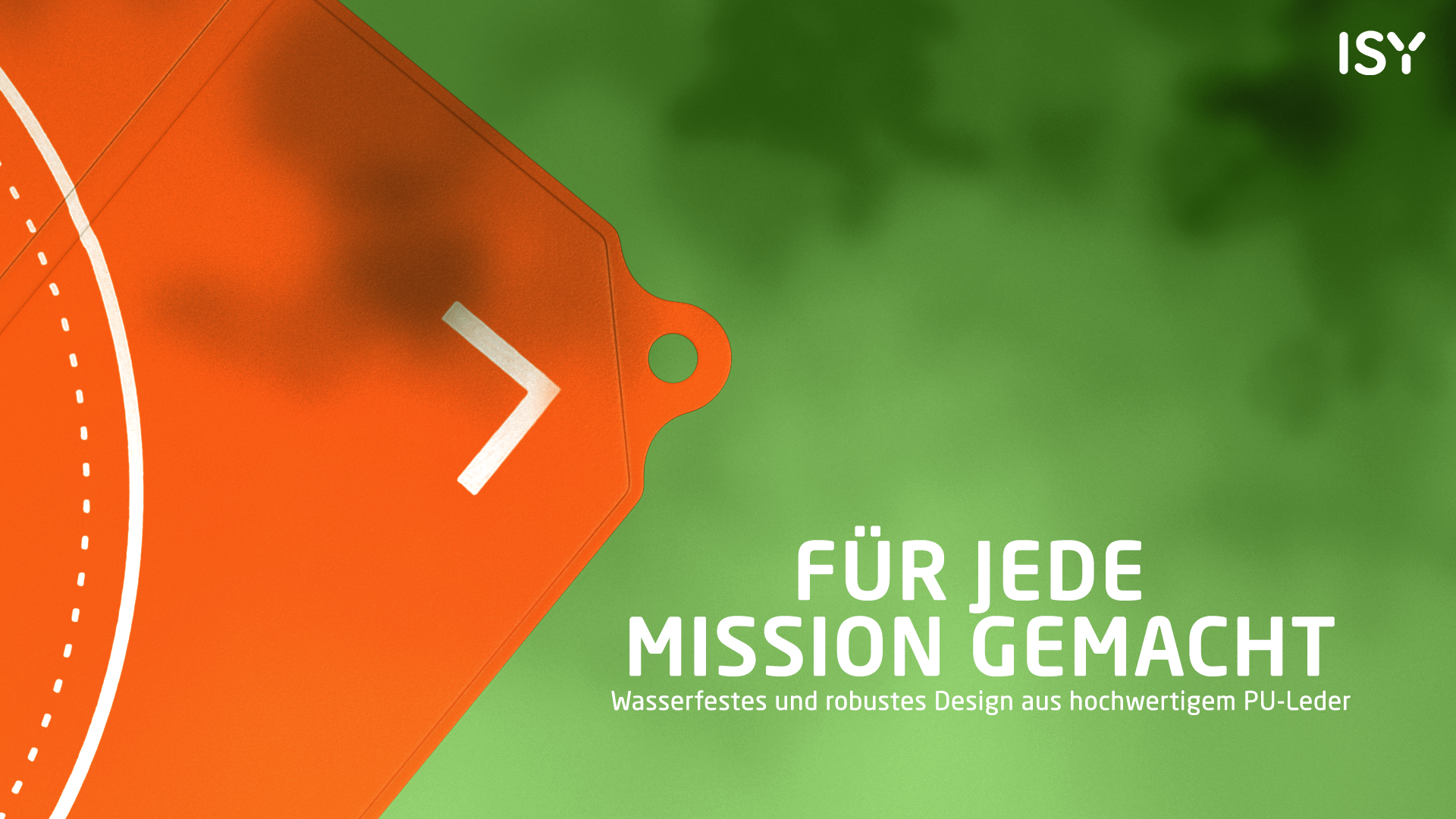 Ein orangefarbenes Etikett mit einem weißen Pfeil auf grünem Hintergrund. Text: "FÜR JEDE MISSION GEMACHT" und "Wasserfestes und robustes Design aus hochwertigem PU-Leder".