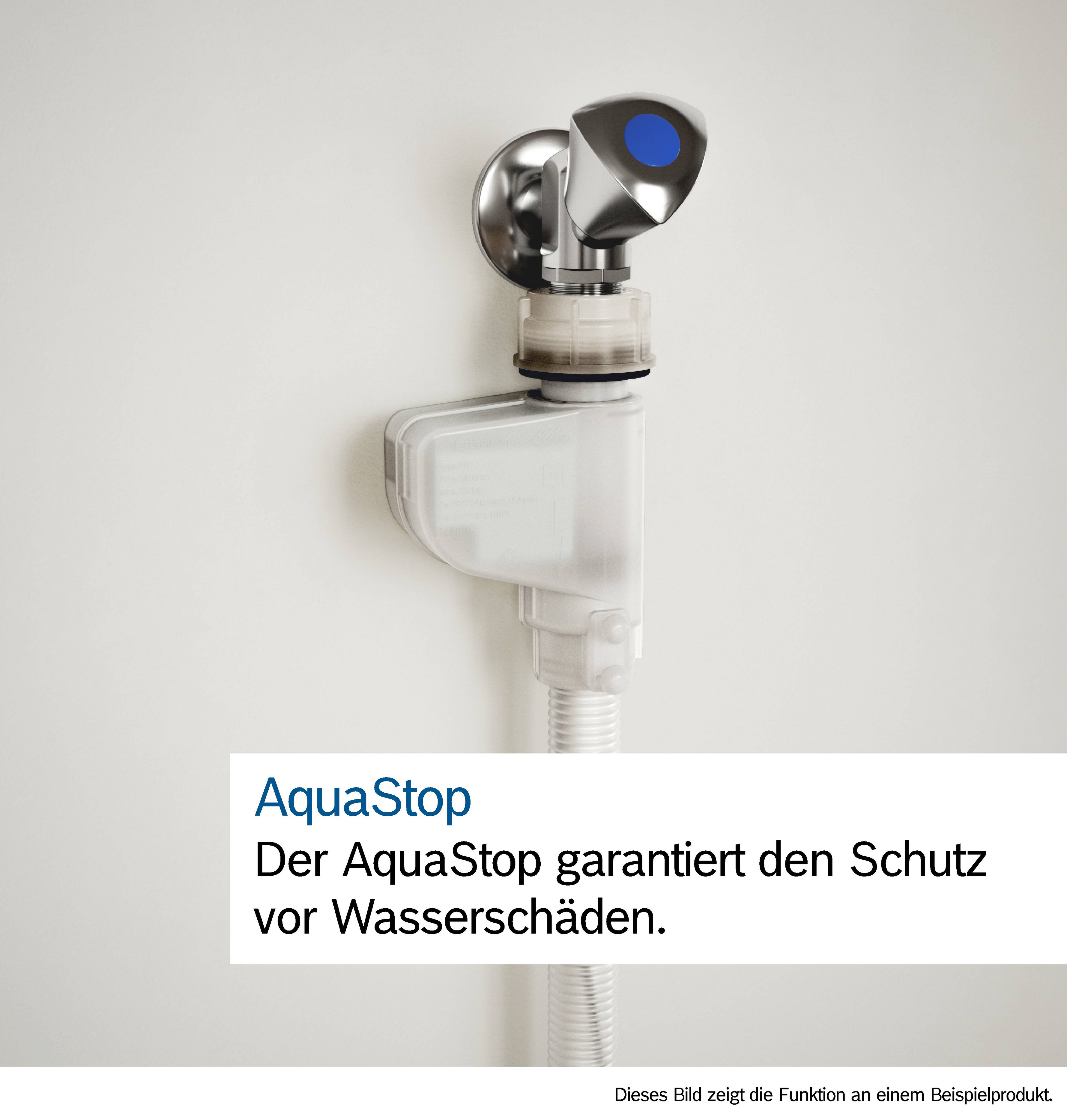 Ein AquaStop-Wasserstoppventil mit blauem Knopf an einer weißen Wand.