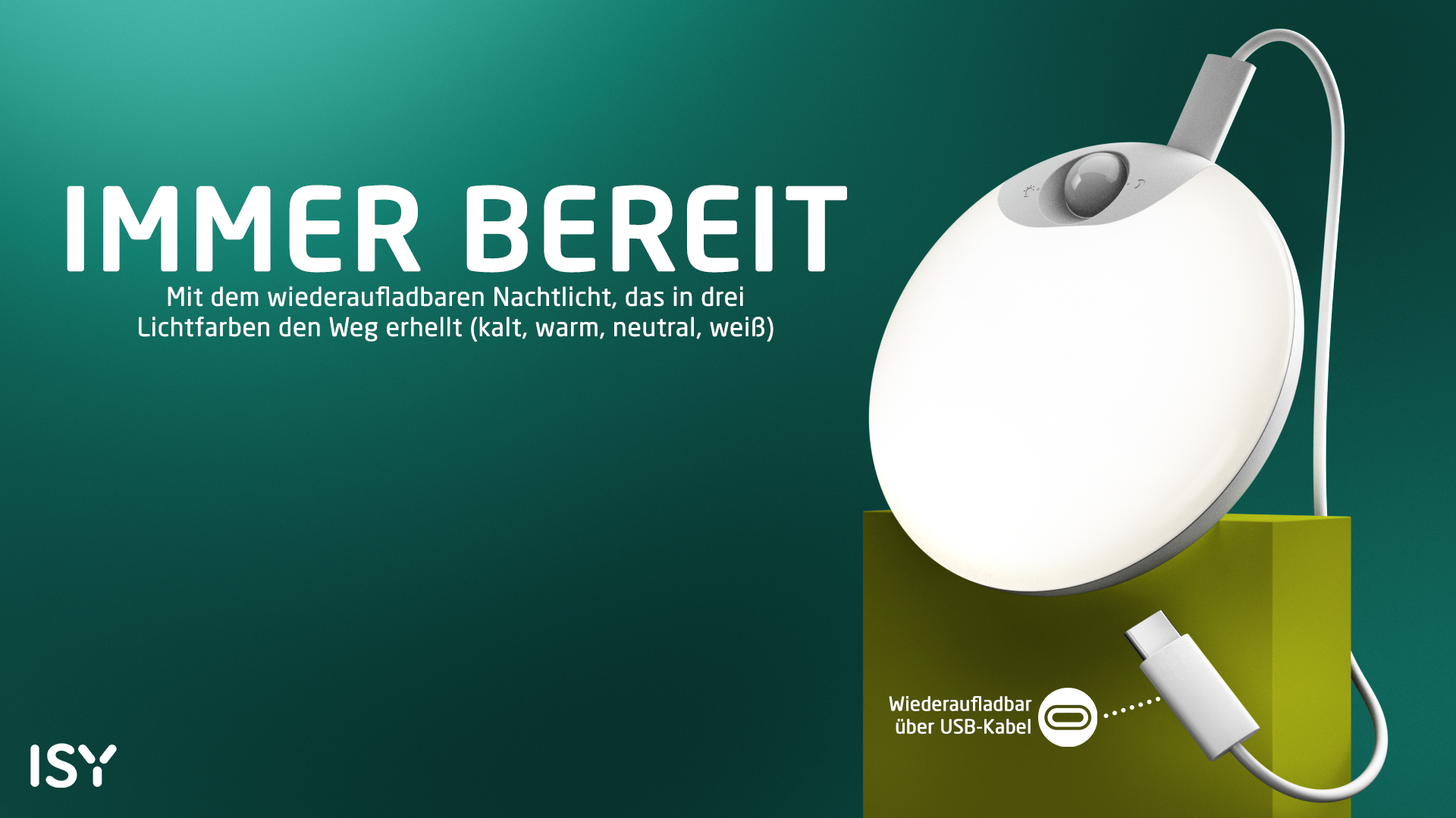 Ein weißes, wiederaufladbares Nachtlicht mit USB-Kabel und dem Text 'IMMER BEREIT'.