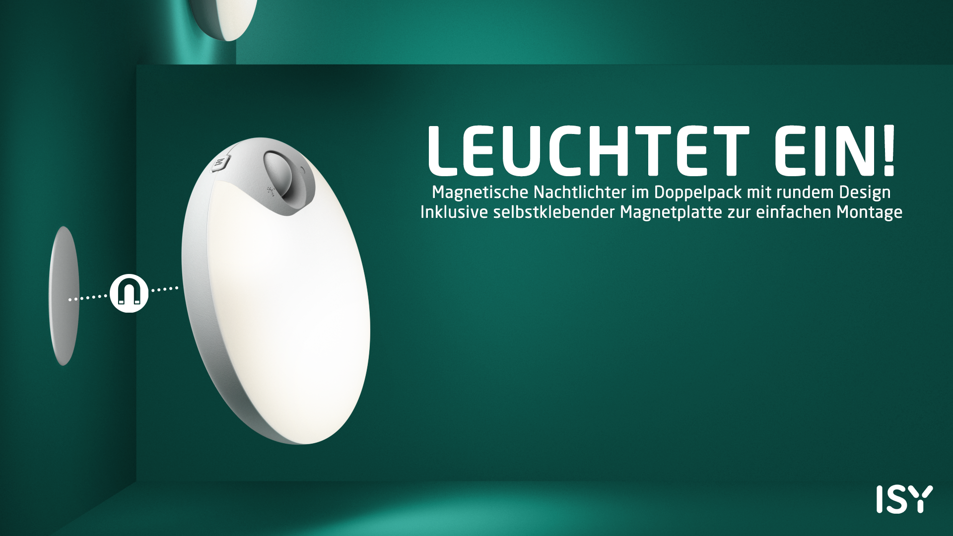 Rundes, weißes Nachtlicht mit Magnet auf dunklem Hintergrund.