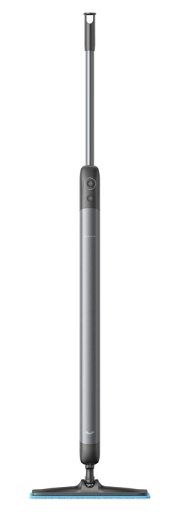 Elegancka, szara mopa z niebieską końcówką na białym tle.