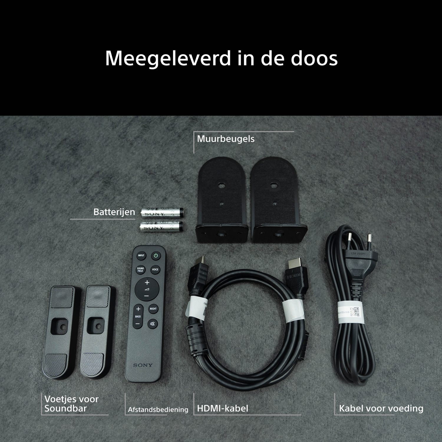 Box contents: remote, batteries, wall mounts, cables and feet for soundbar.
