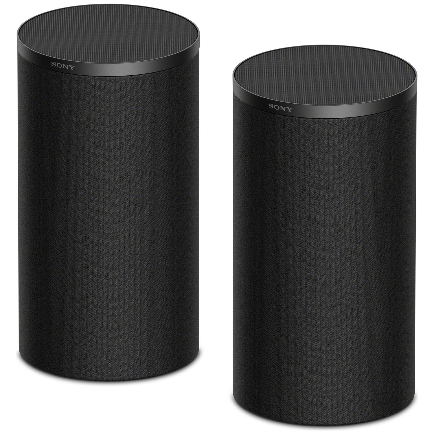Two black Sony speakers stand side-by-side on a white background.
