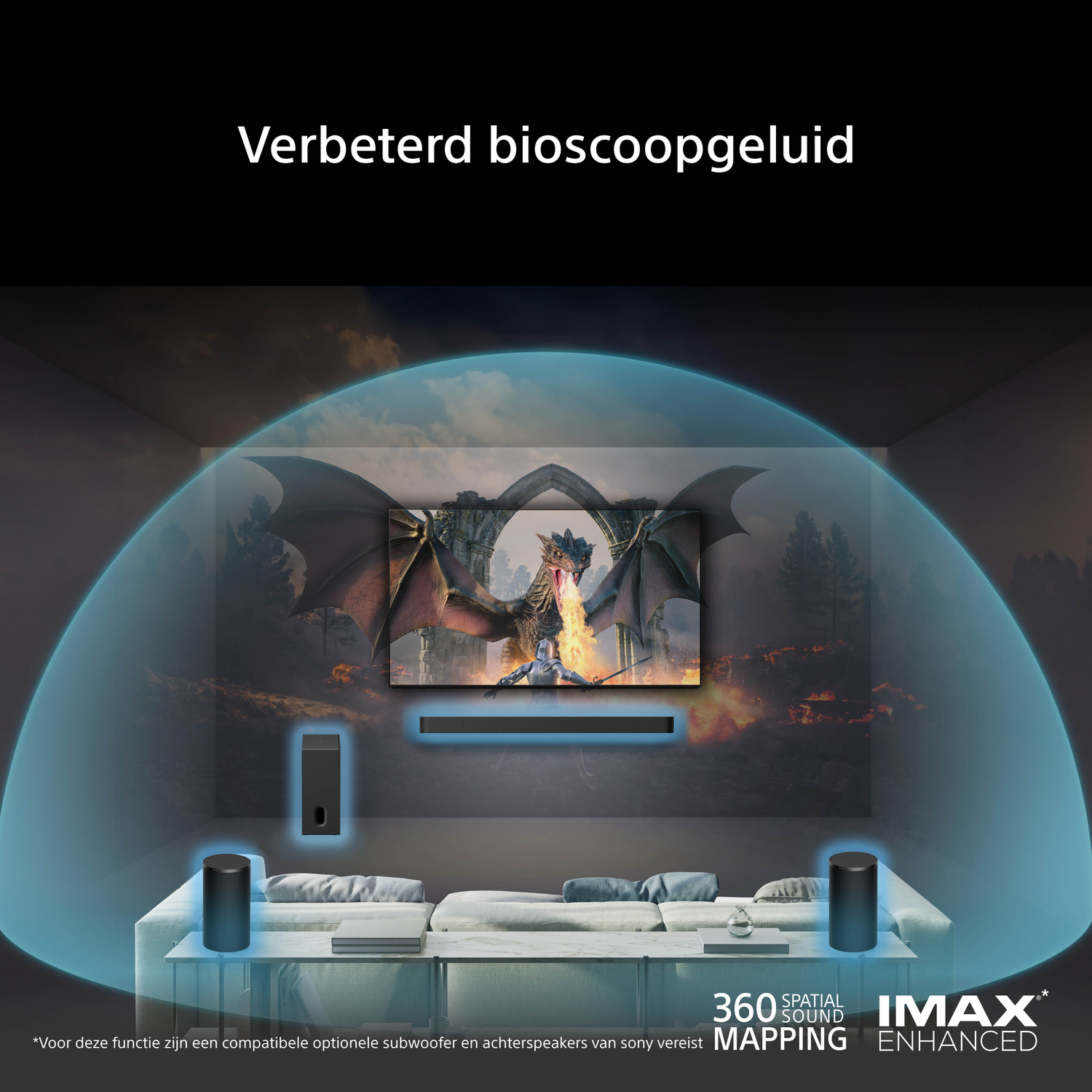A living room with a TV showing a dragon, and speakers.