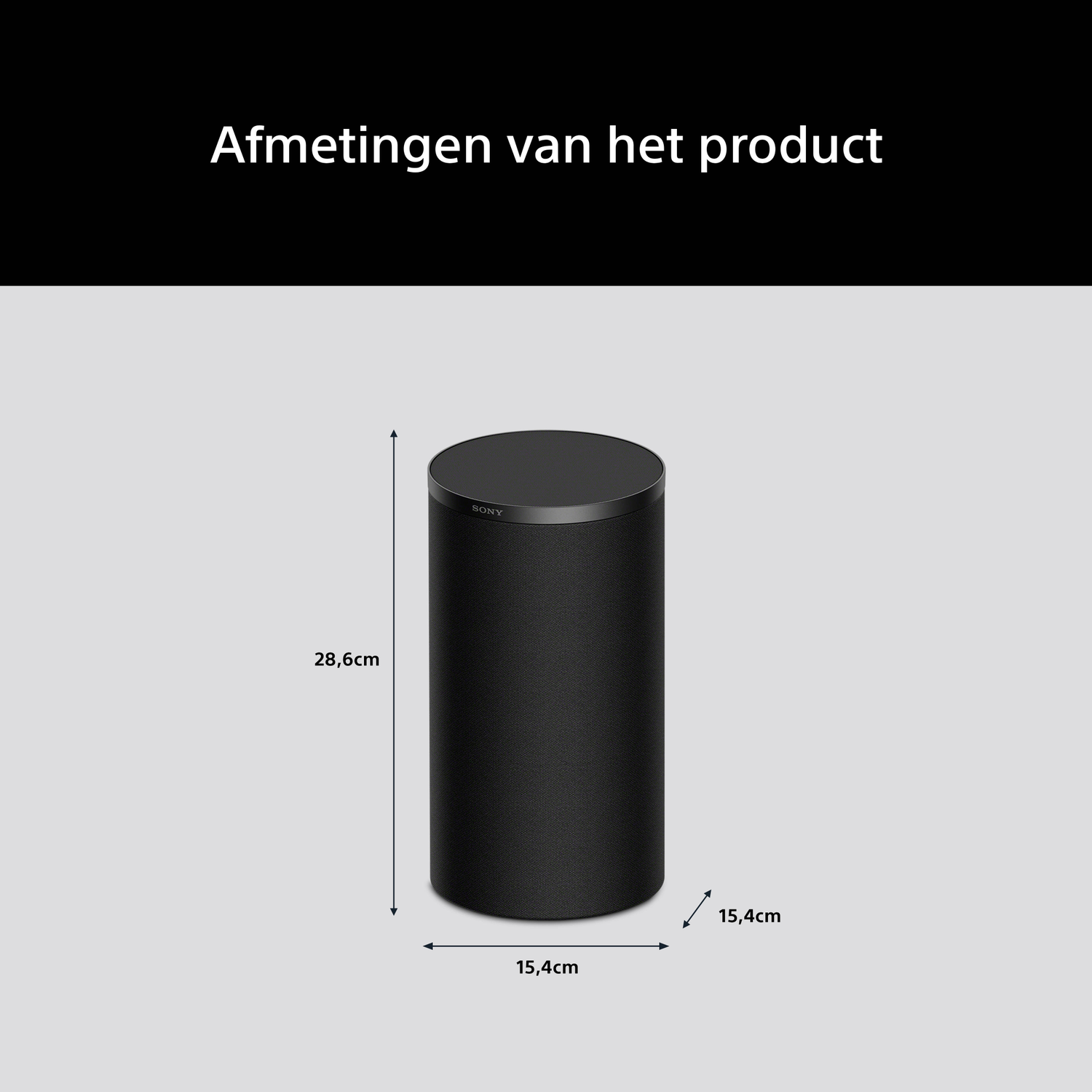 Black cylindrical speaker with dimensions 28.6cm height and 15.4cm width.