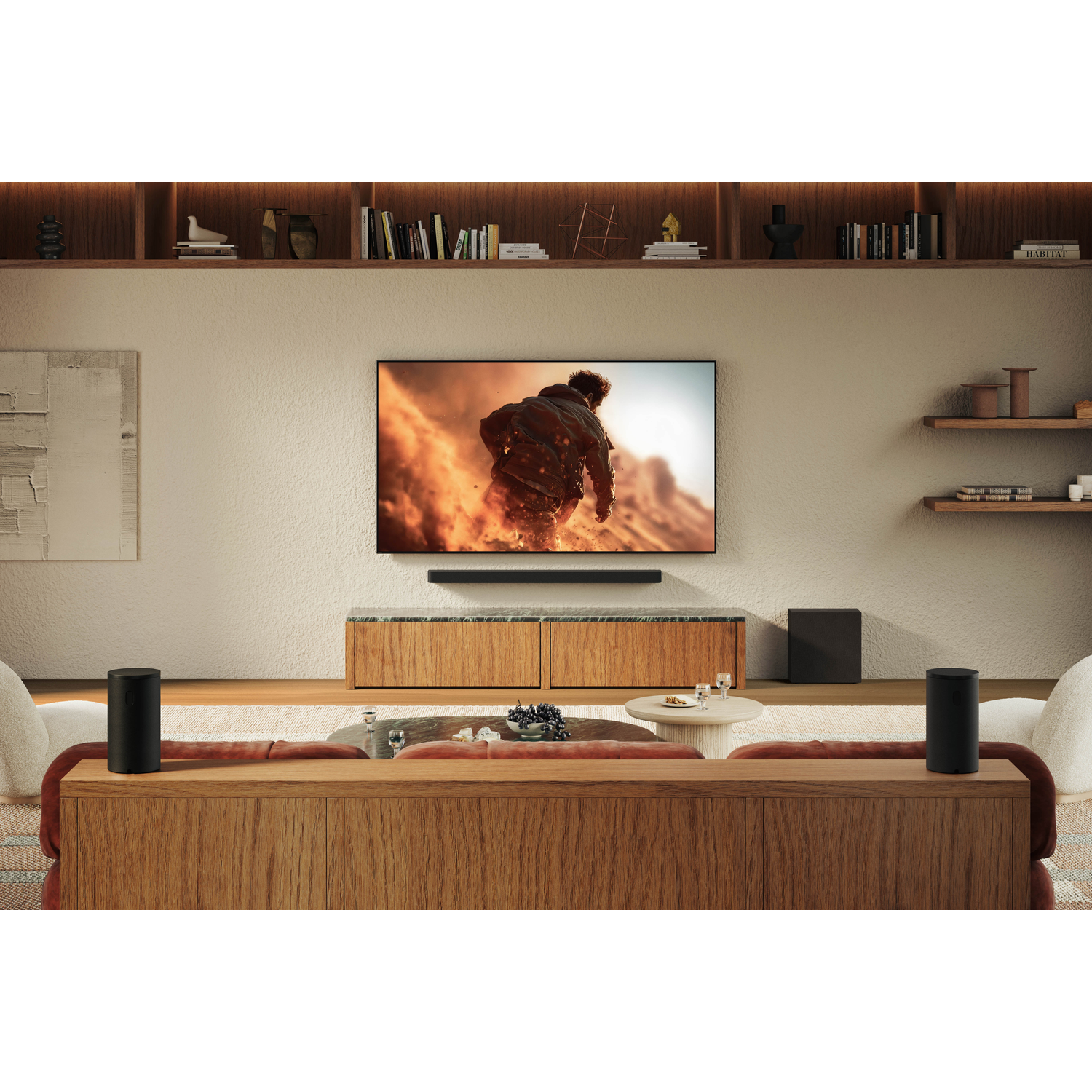 A living room with a TV displaying an action scene image.
