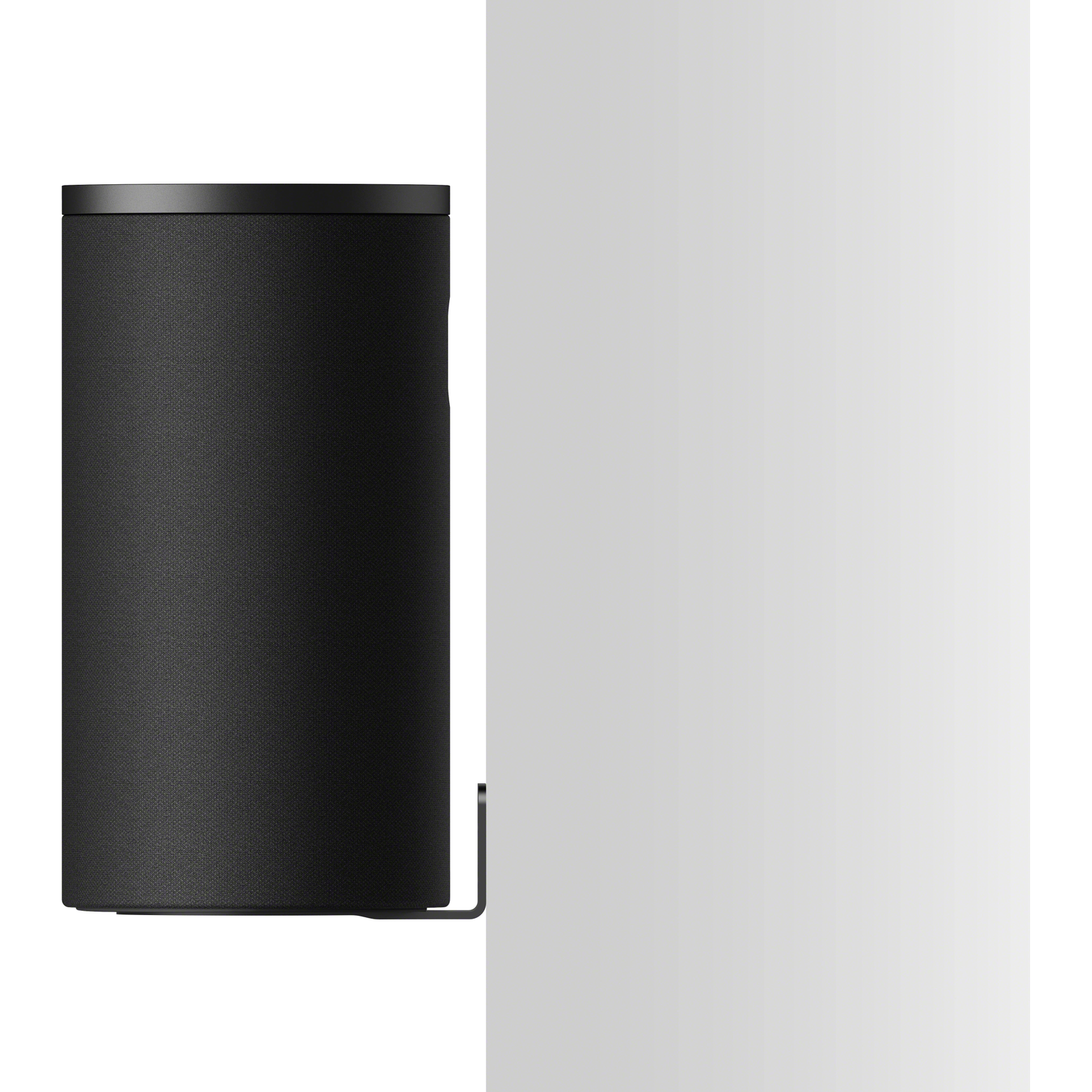 A black cylindrical speaker with a metal ring top and metal stand at the bottom.
