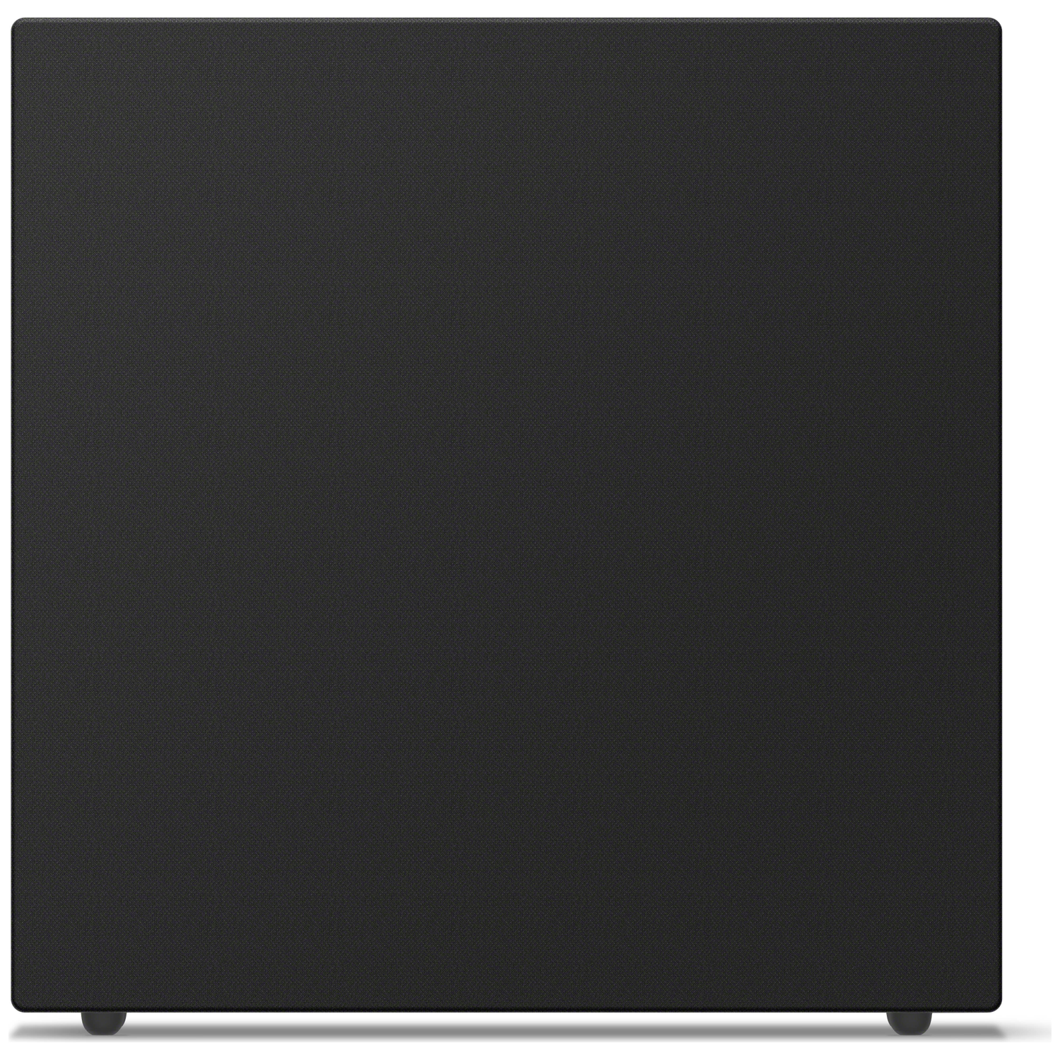 Black rectangular object with fine texture and four small gray feet.