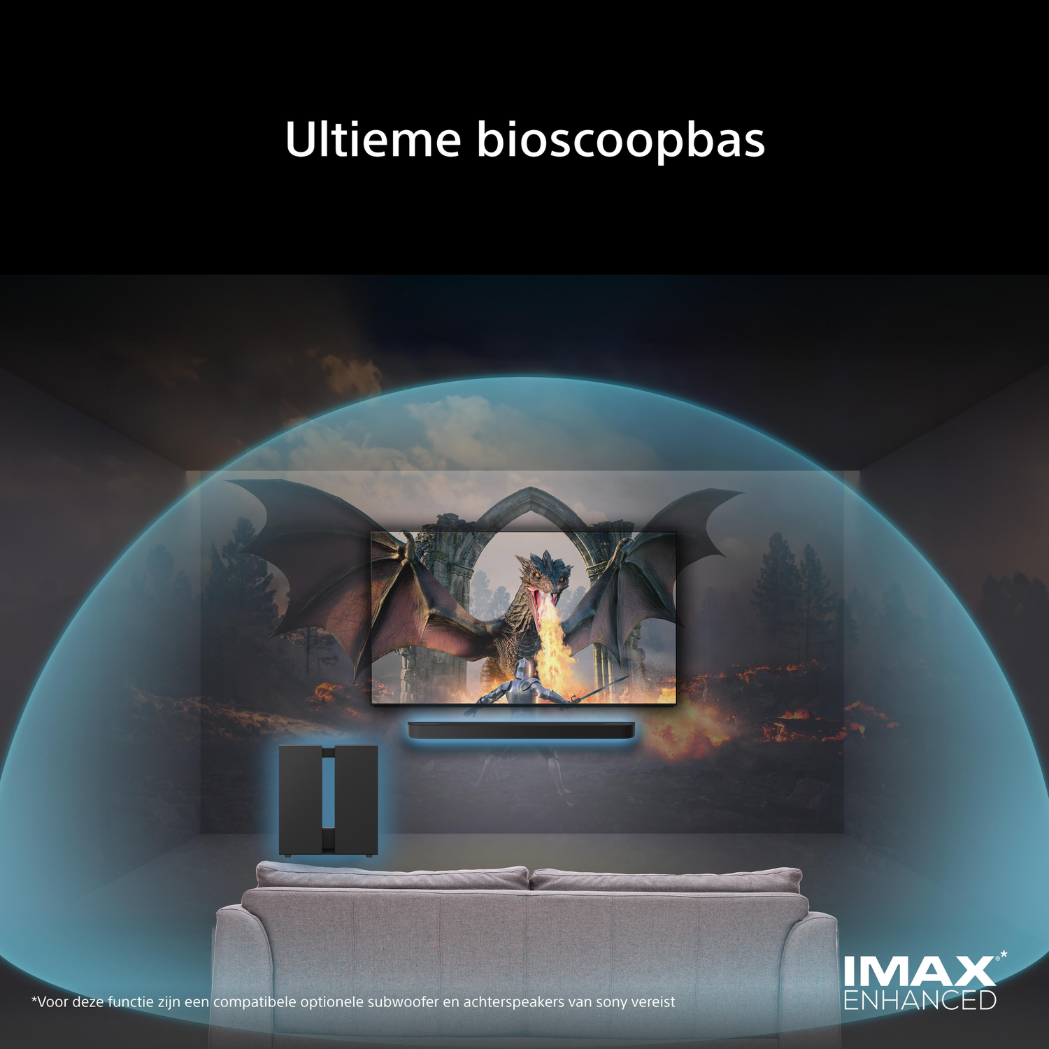 Living room with TV showing a dragon; blue waves visualize sound. IMAX Enhanced logo.