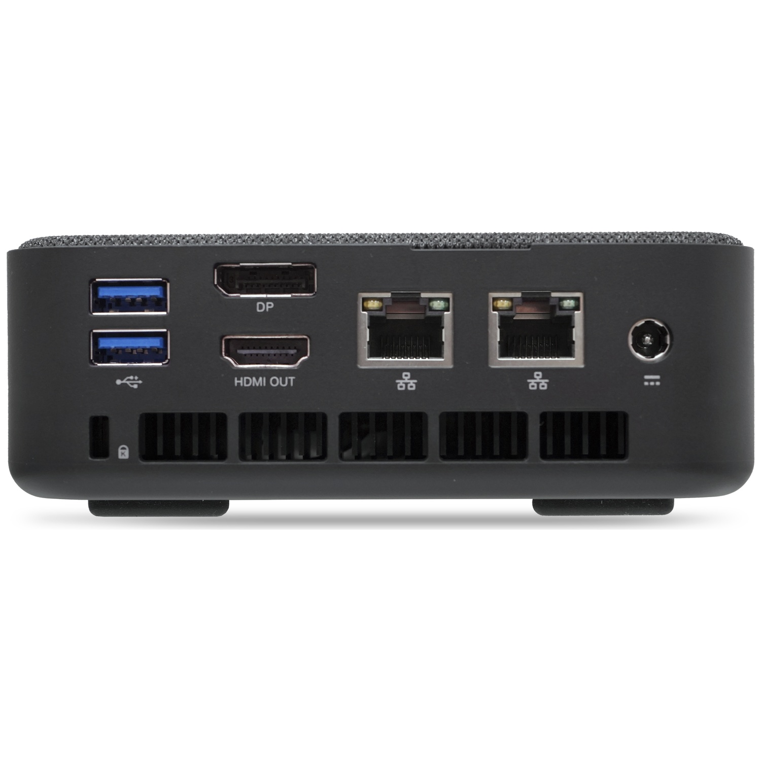 Back of a black mini PC with USB, DP, HDMI, Ethernet, and power ports.