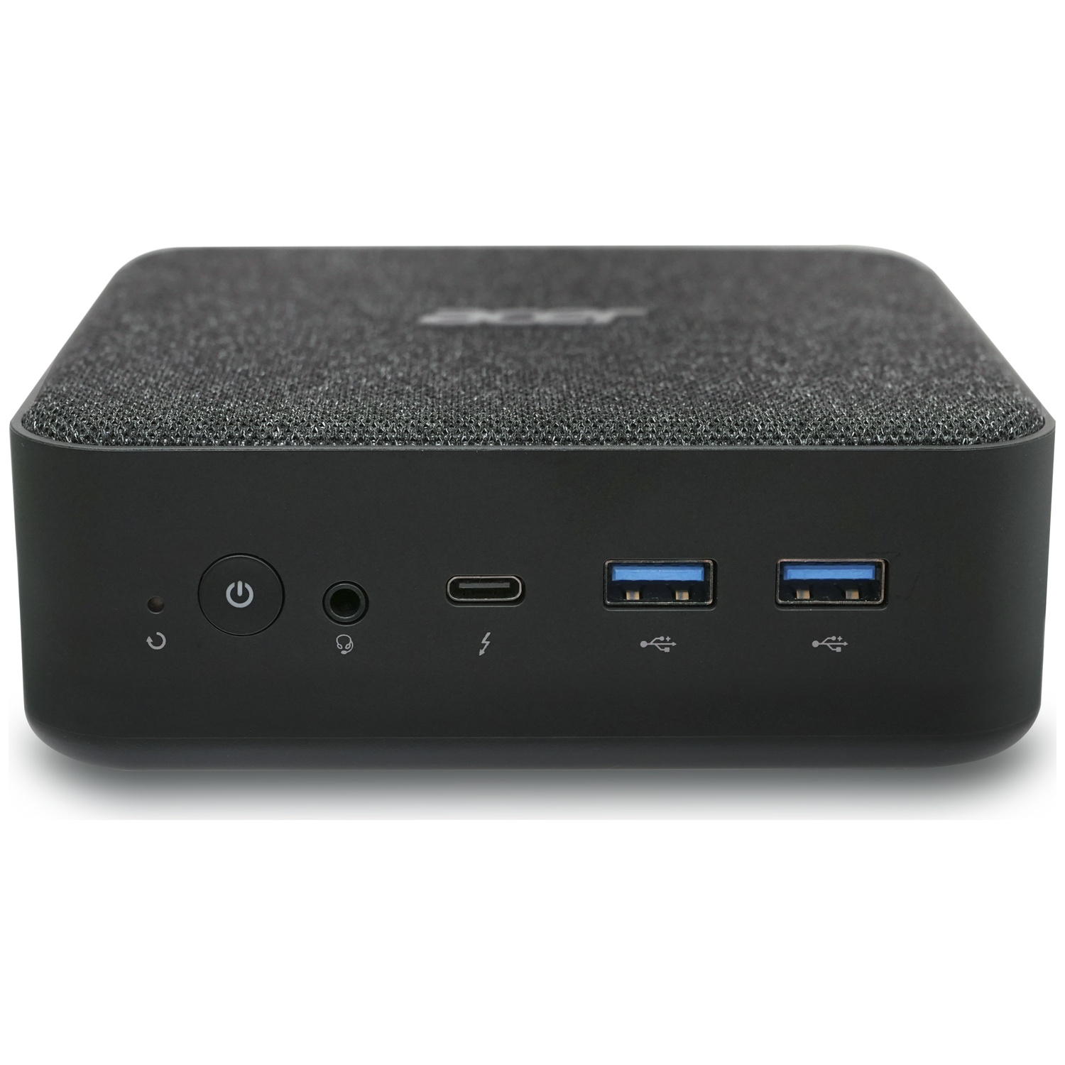 Black mini PC with power button, headphone jack, USB-C, and two USB-A ports.